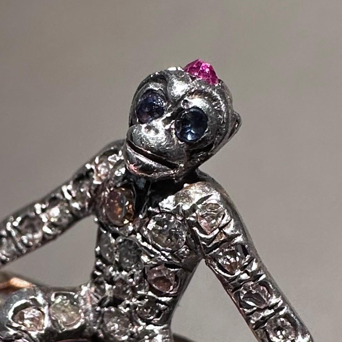 Edoardiano Antique Monkeys Diamante Perla Naturale Rubino Zaffiro Spilla Argento Oro Francese in vendita