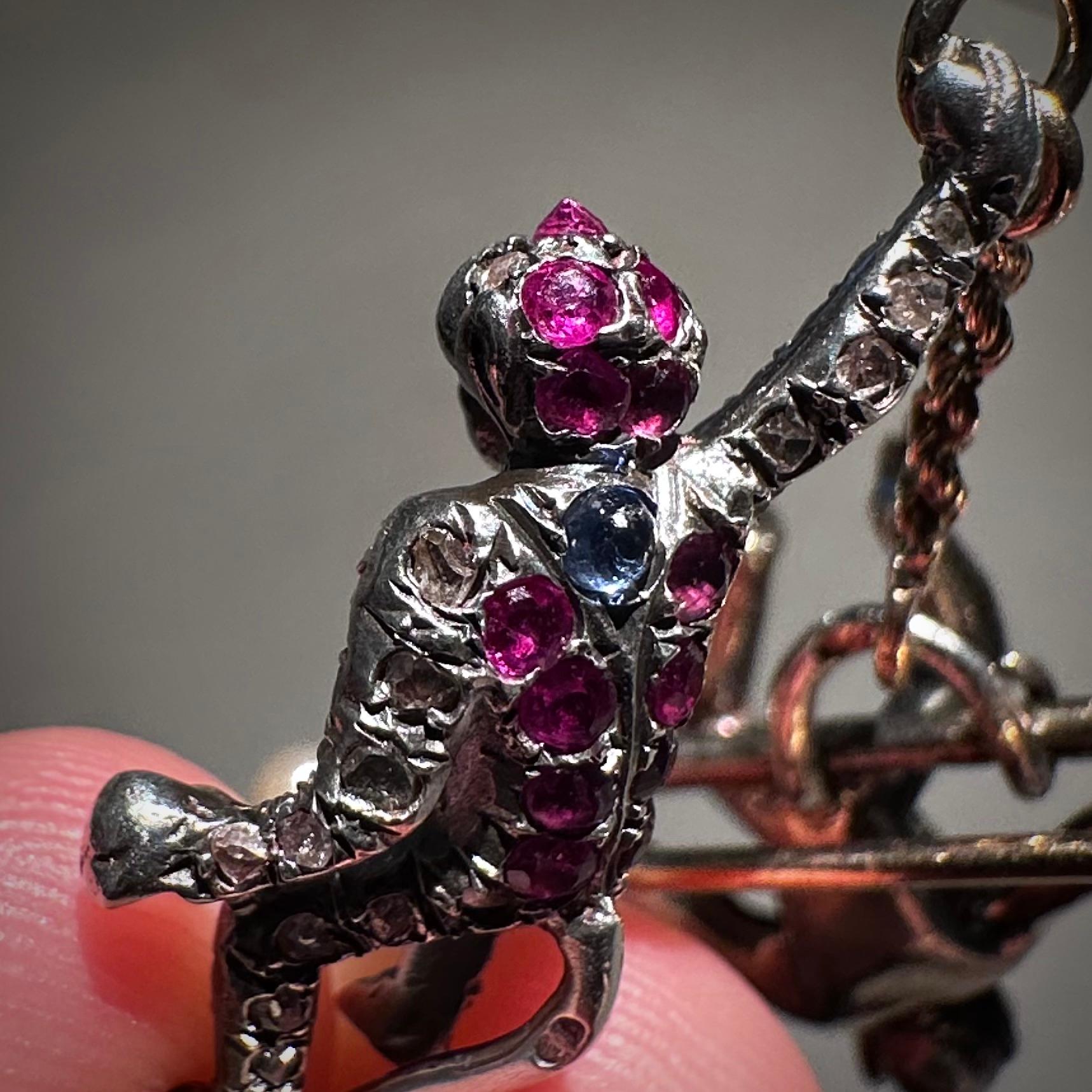 Antique Monkeys Diamond Natural Pearl Ruby Sapphire Brooch Silver Gold French In Good Condition For Sale In Lisbon, PT