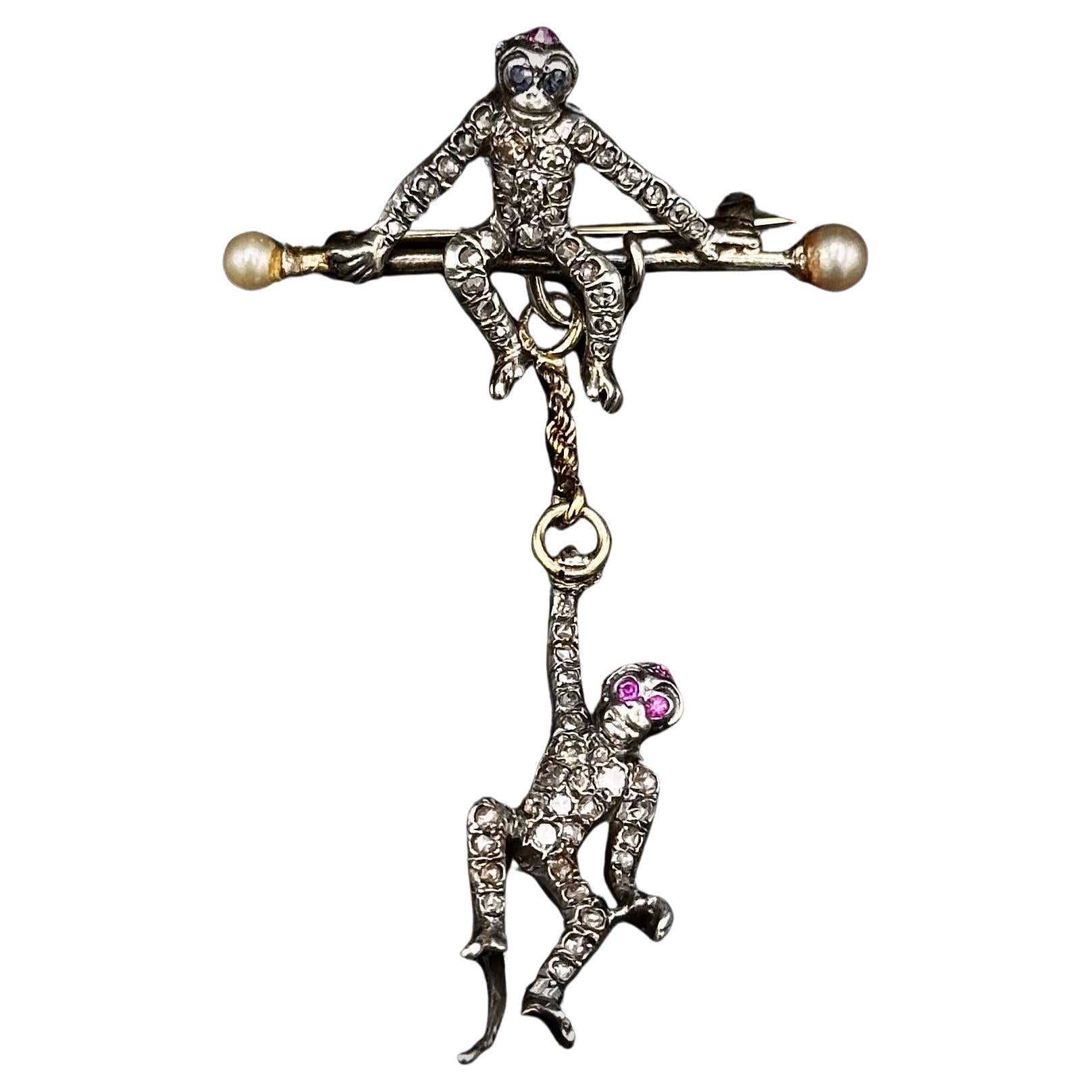 Antique Monkeys Diamond Natural Pearl Ruby Sapphire Brooch Silver Gold French