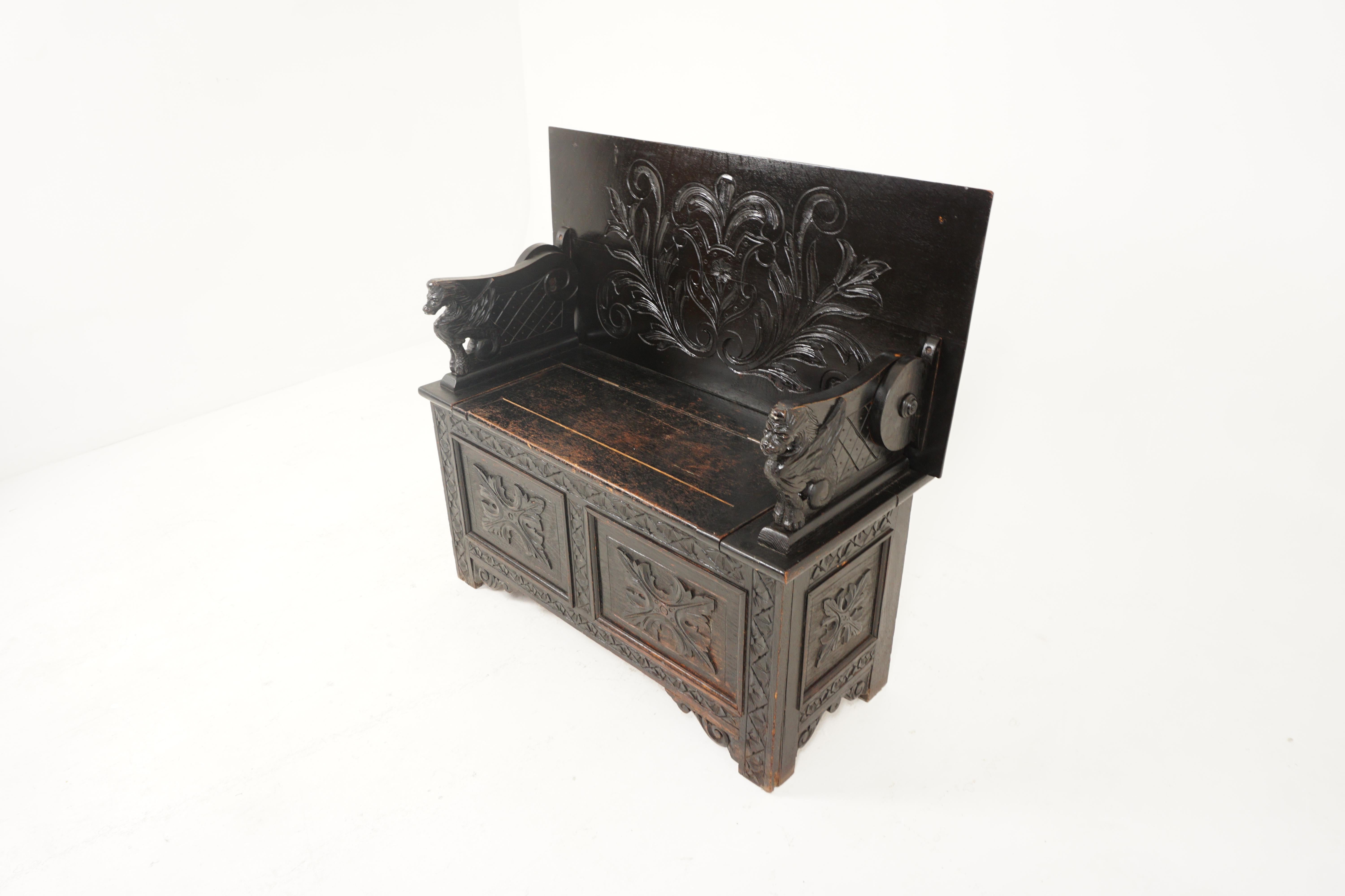 Antique Monks bench, carved oak, hall seat, settle, Scotland 1900, B2631

Scotland 1900
Solid oak
Original finish
The hall seat has a carved back
The back folds down to form a table
This also has a lovely carved detail top
The arm rests are