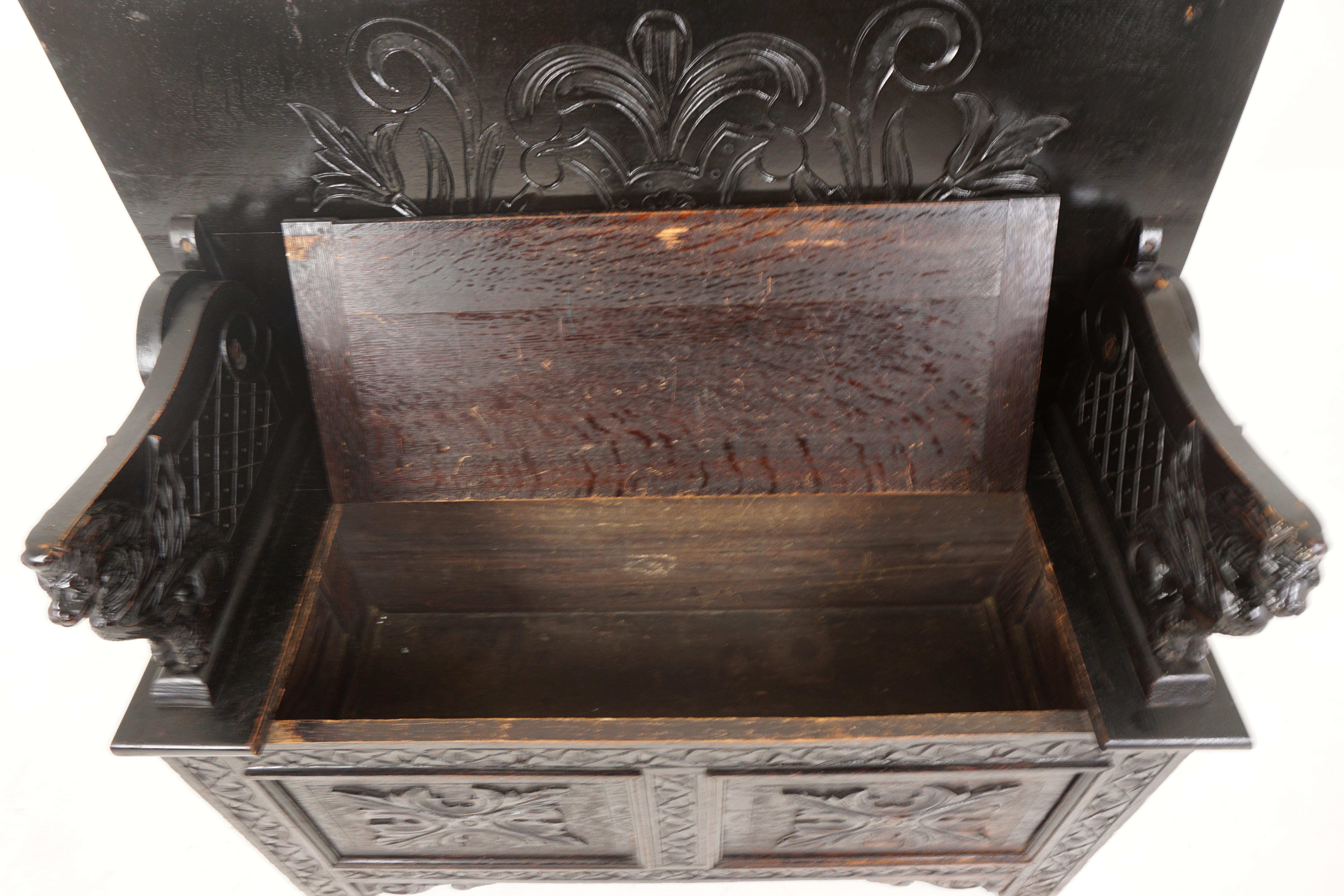 Antique Monks Bench, Carved Oak, Hall Seat, Settle, Scotland 1900, B2631 In Good Condition In Vancouver, BC