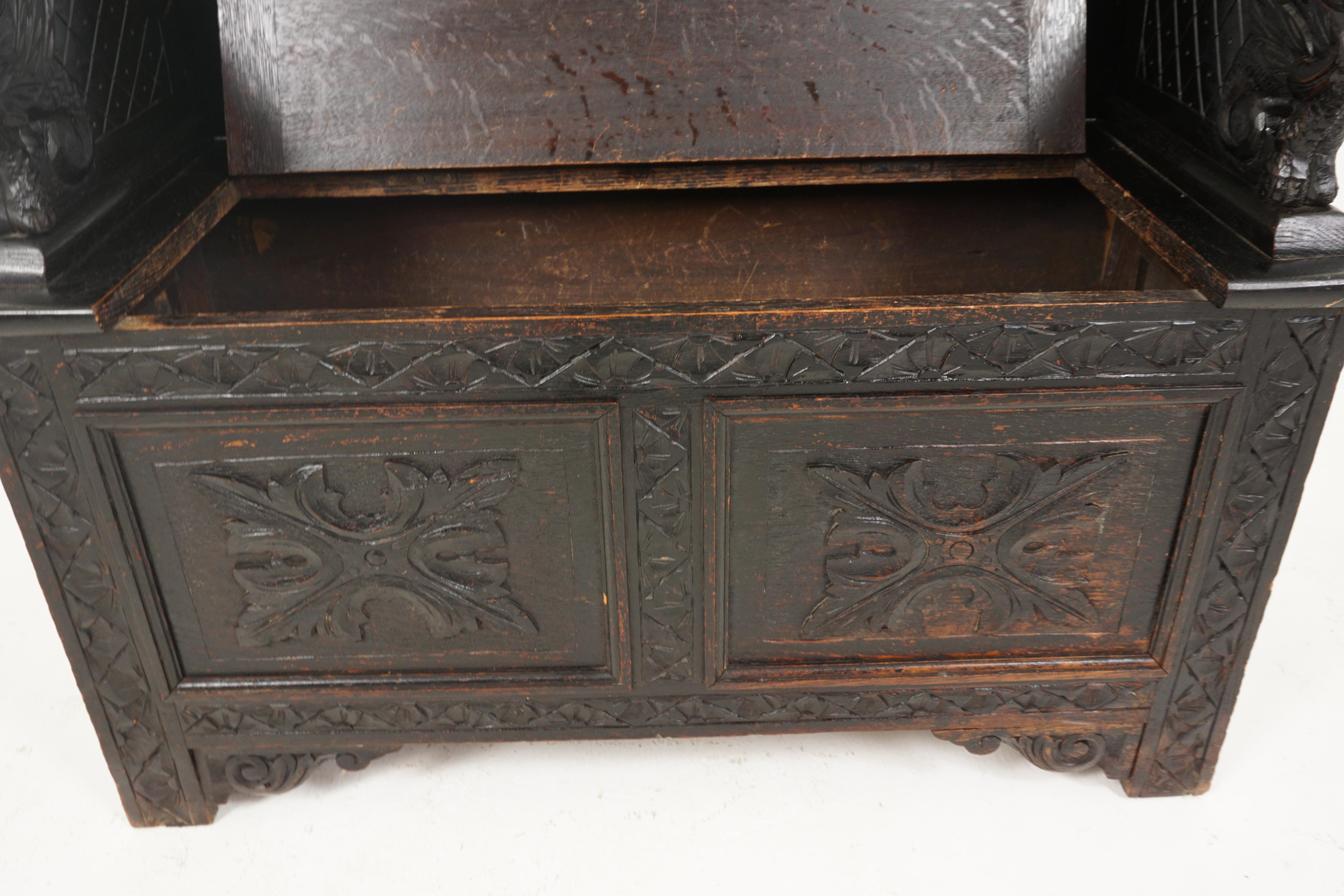 Early 20th Century Antique Monks Bench, Carved Oak, Hall Seat, Settle, Scotland 1900, B2631