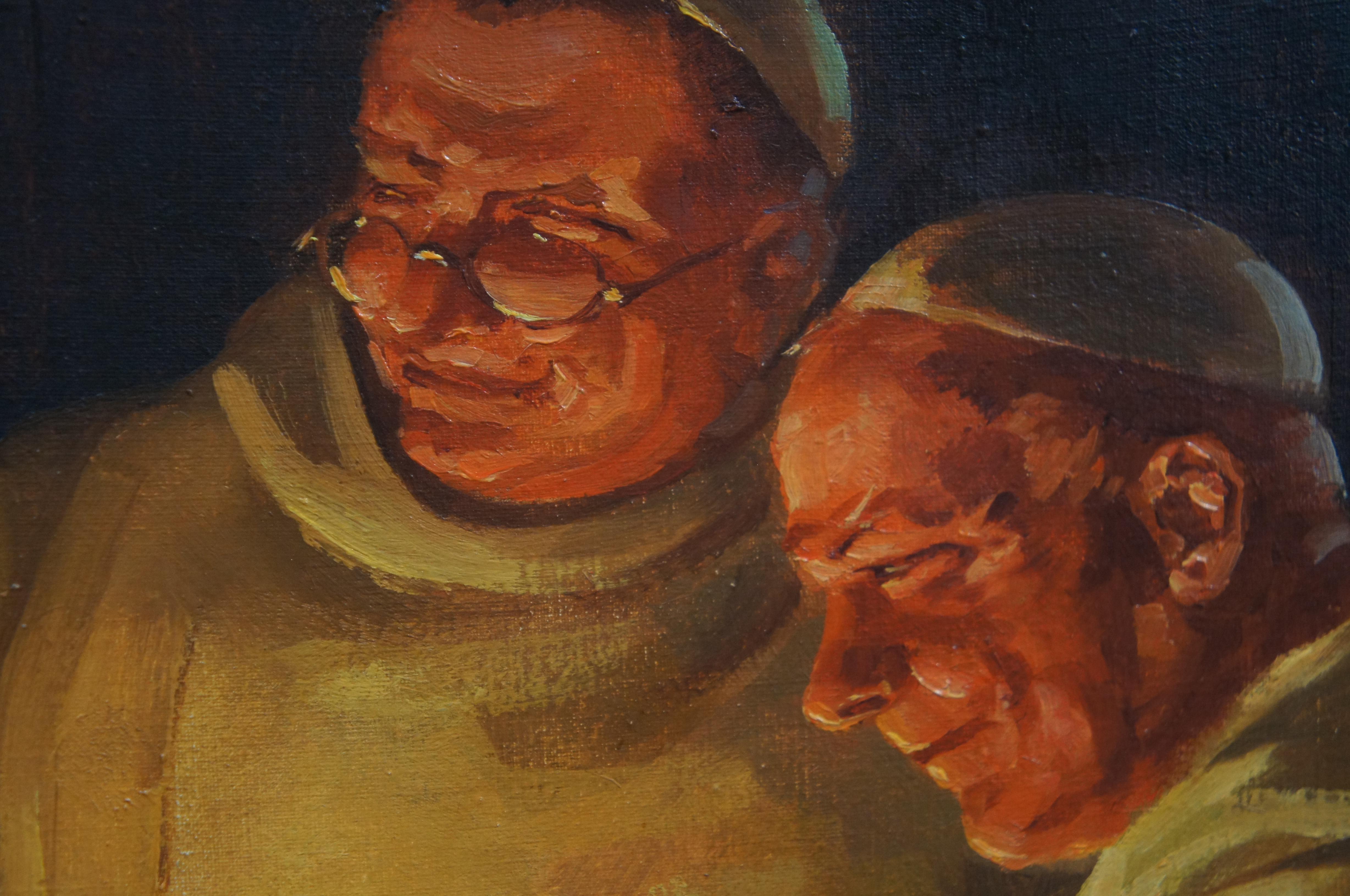 Peinture à l'huile sur toile ancienne « Monks with Spirits » d'après Eduard von Grutzner, 29 po en vente 5