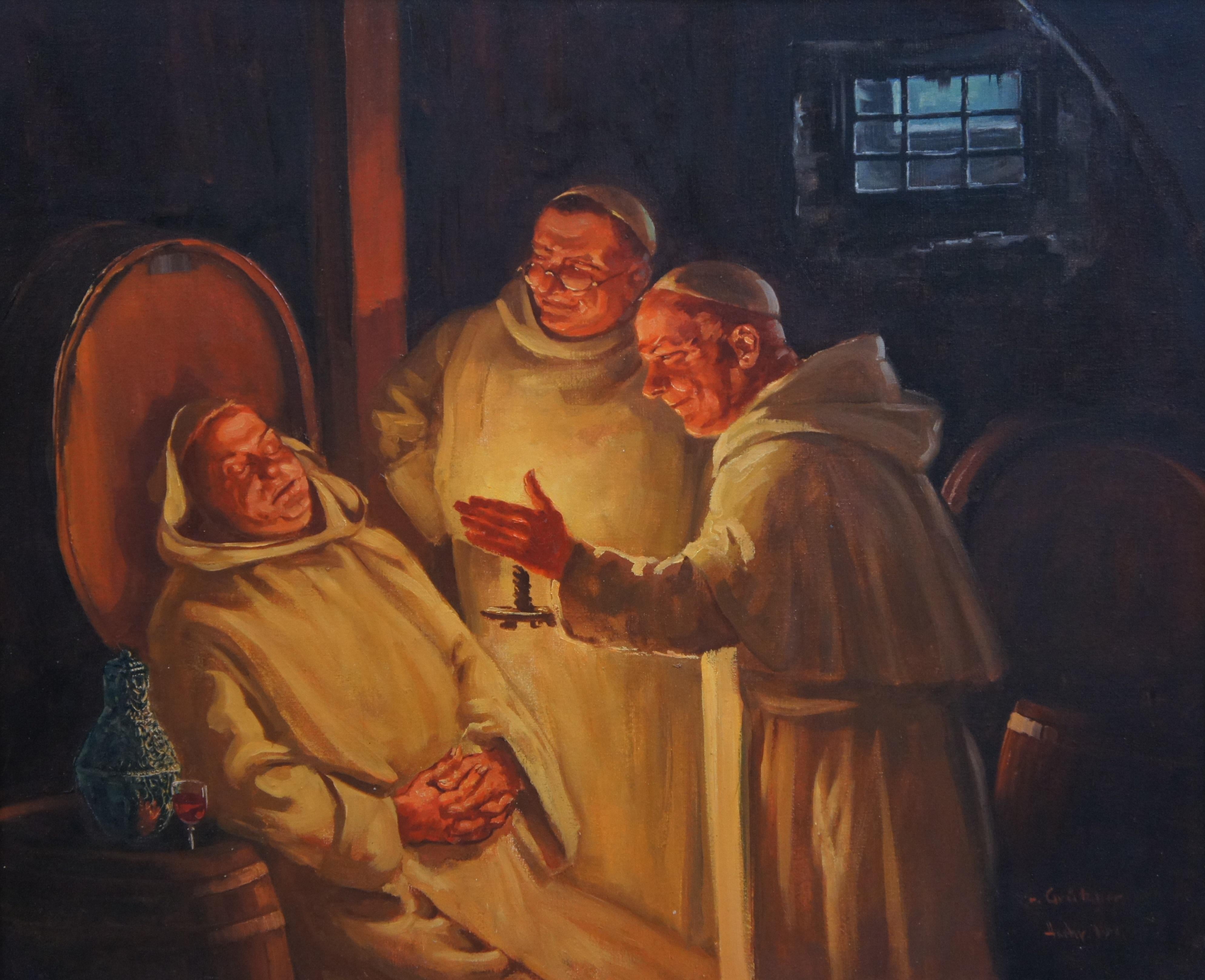 Peinture à l'huile sur toile ancienne « Monks with Spirits » d'après Eduard von Grutzner, 29 po en vente 1