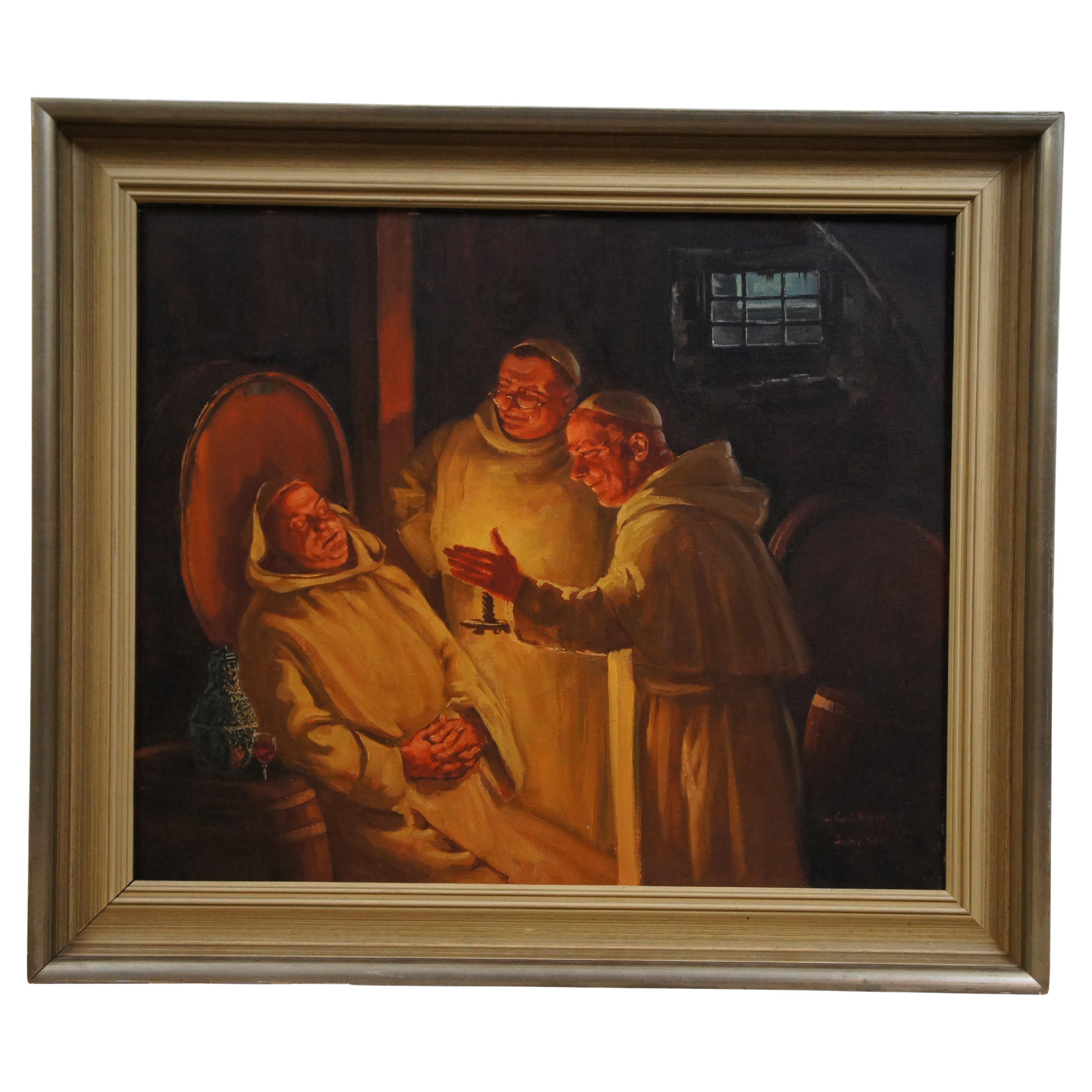 Antique Monks with Spirits Oil Painting on Canvas After Eduard von Grutzner 29" For Sale