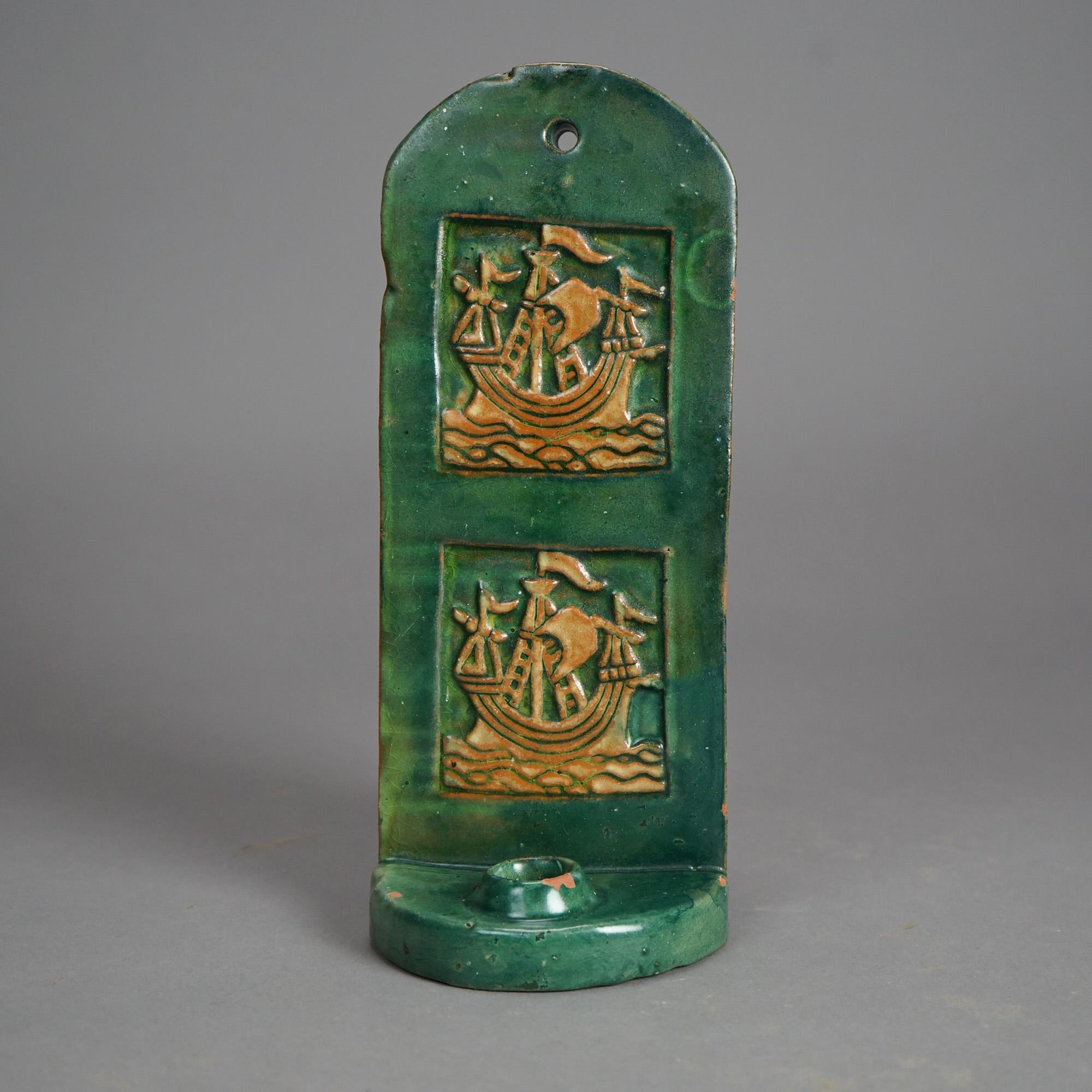 Antique Monmouth Pottery Slab Terra Cotta Candle Wall Sconce with Tall Mast Ships, Embossed Galleon Design, Bucks County Stamp C1910

Measures - 10.5