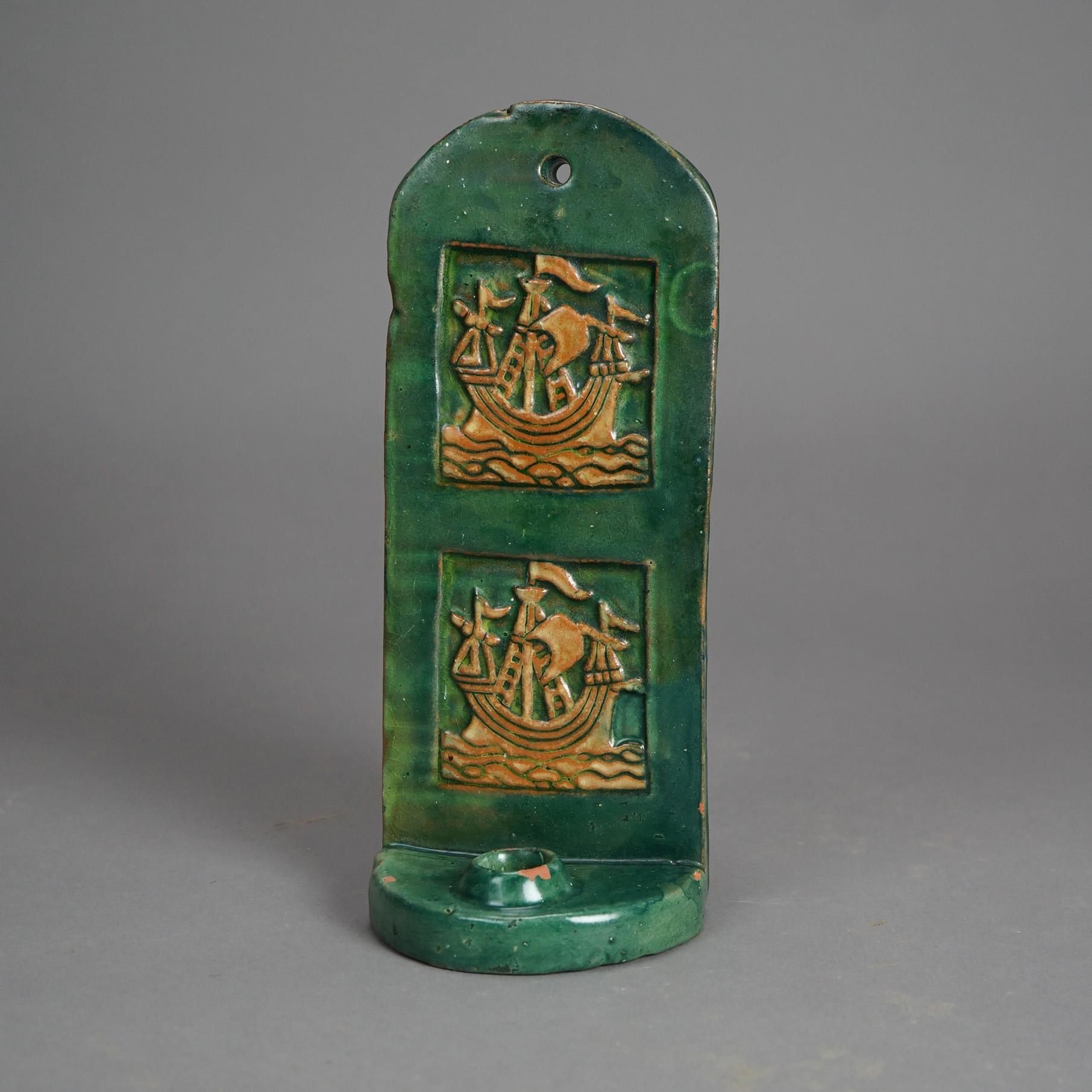 Arts and Crafts Antique Monmouth Pottery Slab Terra Cotta Candle Sconce, Bucks County, c1910 For Sale