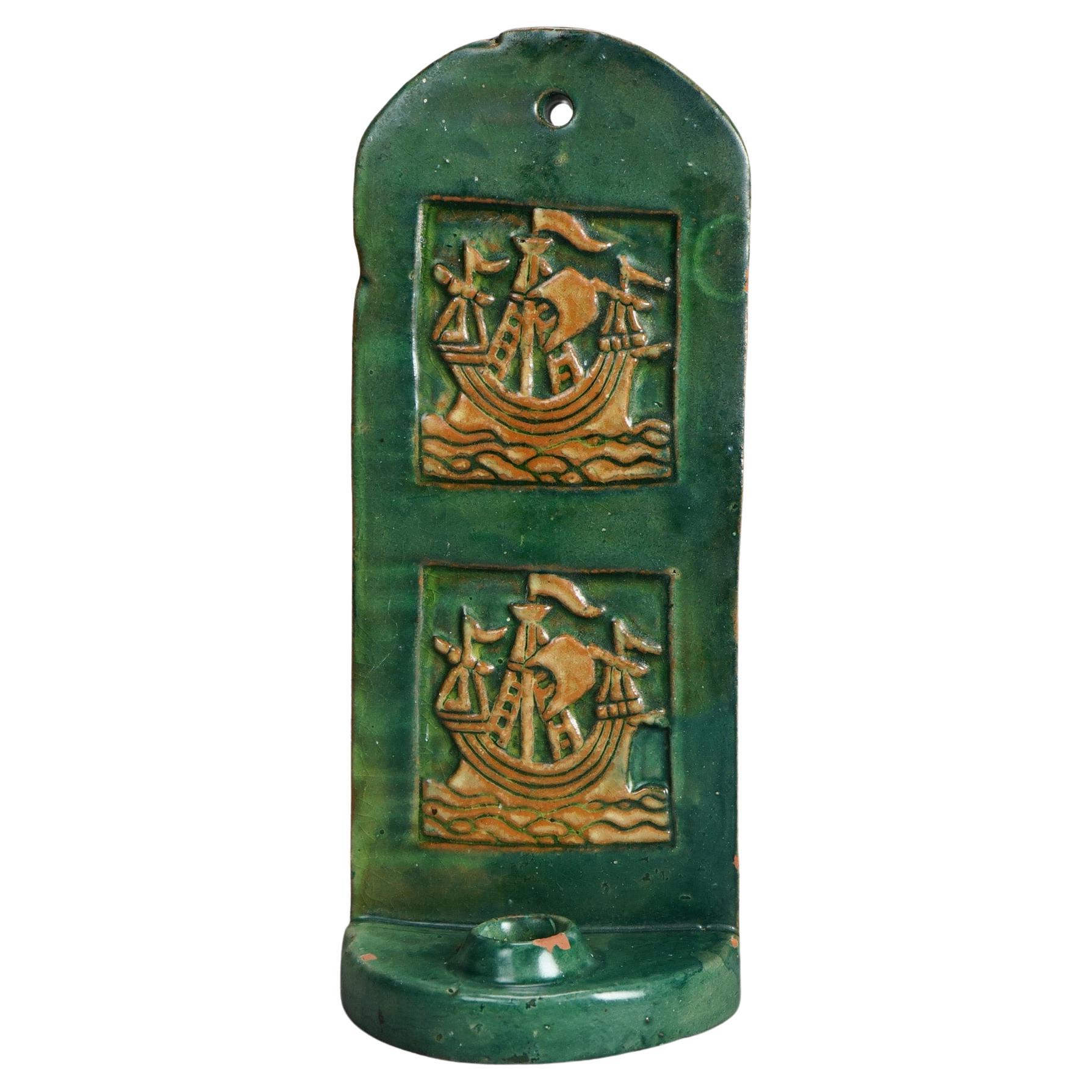 Antique Monmouth Pottery Slab Terra Cotta Candle Sconce, Bucks County, c1910 For Sale