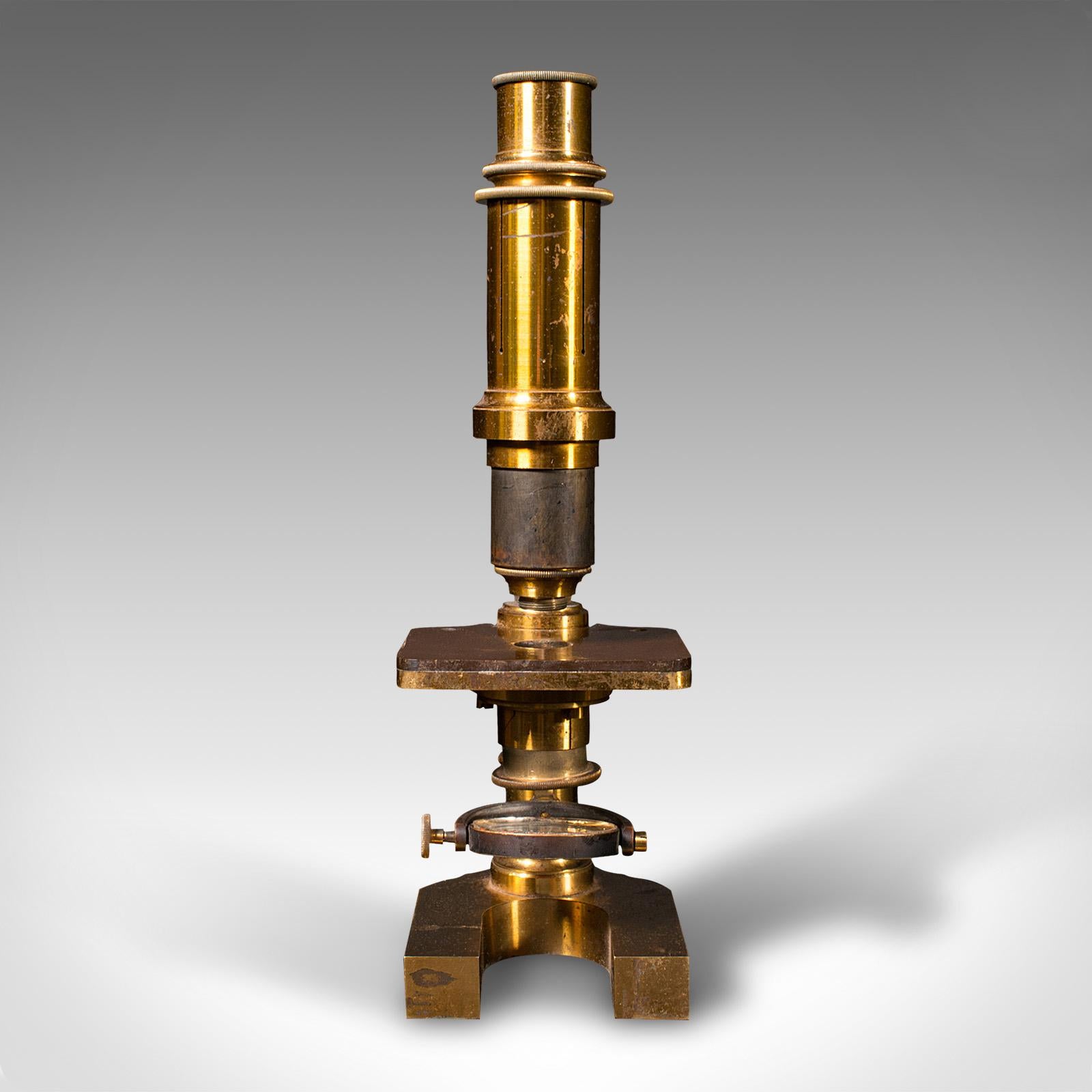 Late Victorian Antique Monocular Microscope, English Brass, Scientific Instrument, Victorian