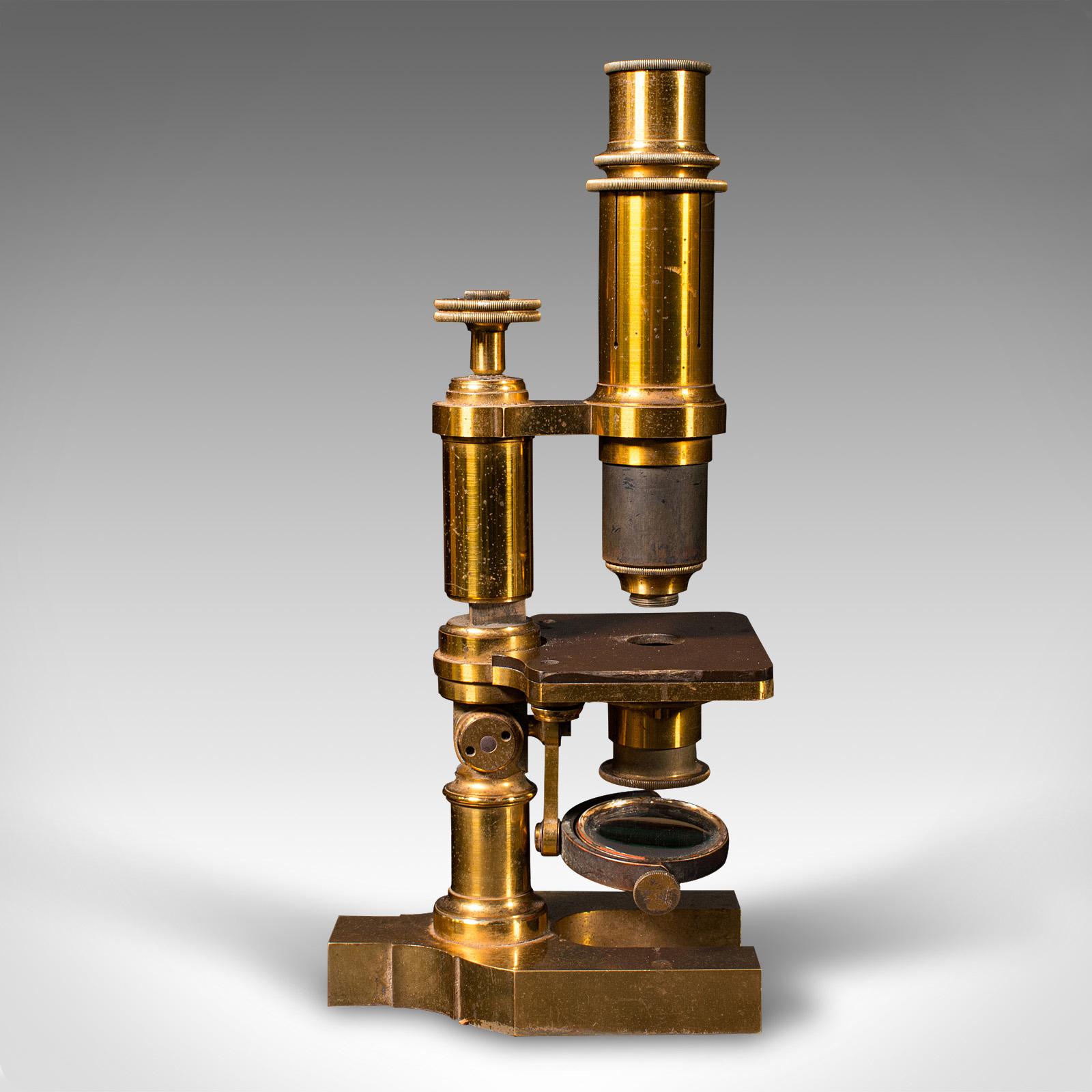 British Antique Monocular Microscope, English Brass, Scientific Instrument, Victorian