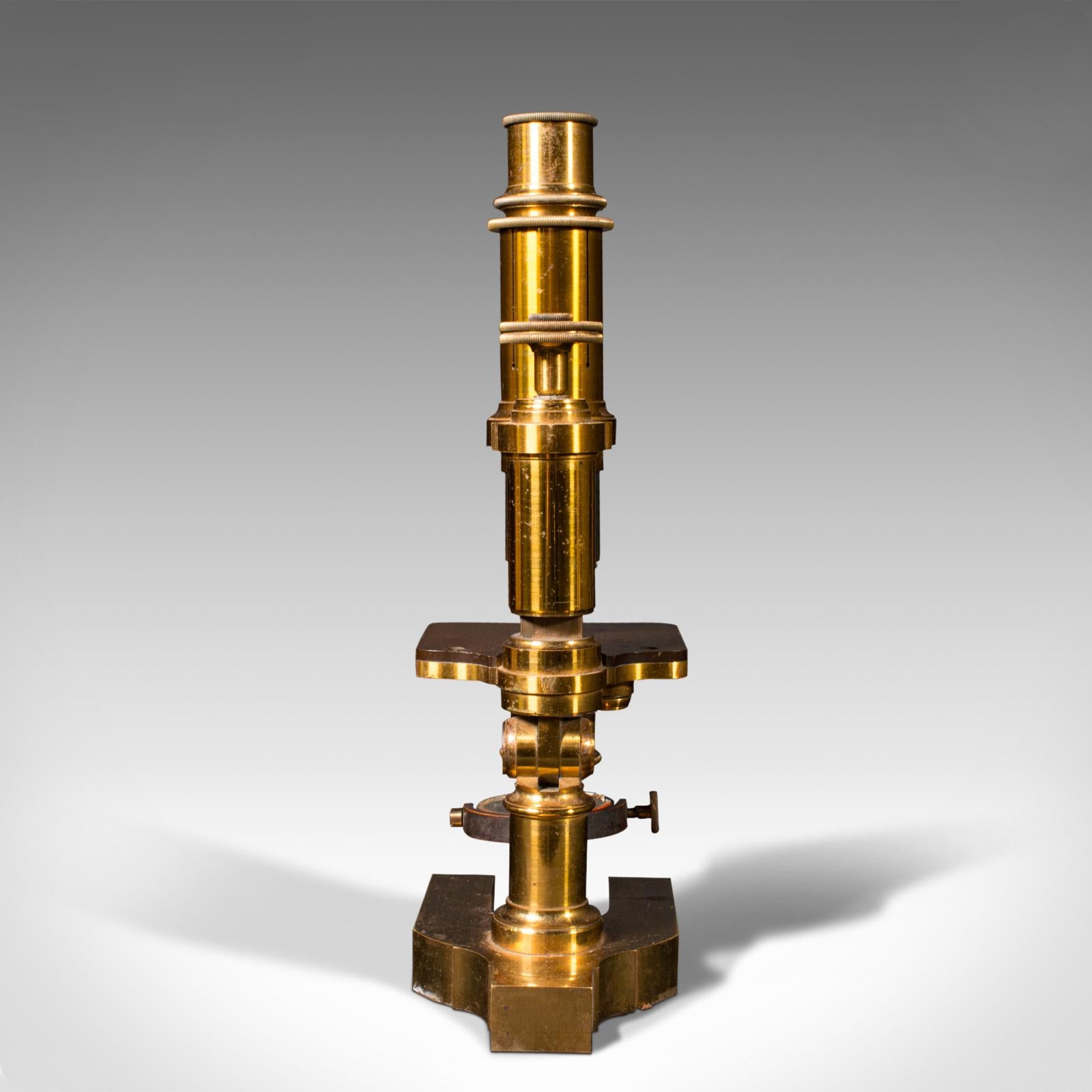 19th Century Antique Monocular Microscope, English Brass, Scientific Instrument, Victorian