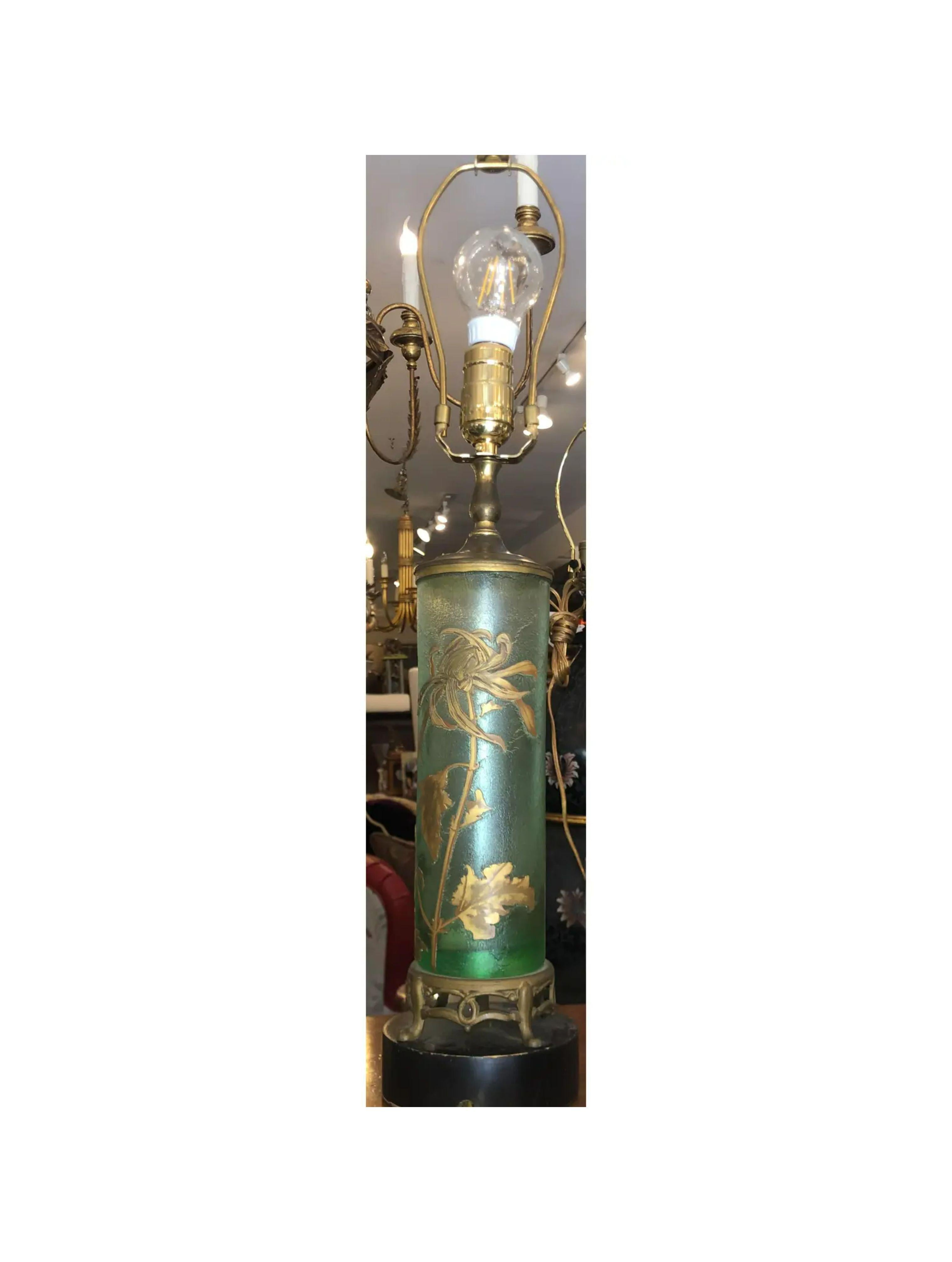 Antique Mont Joye Cameo glass table lamp.

Additional information: 
Materials: Glass, Lights, Wood
Color: Green
Period: 1920s
Styles: French
Lamp Shade: Not Included
Item Type: Vintage, Antique or Pre-owned
Dimensions: 5
