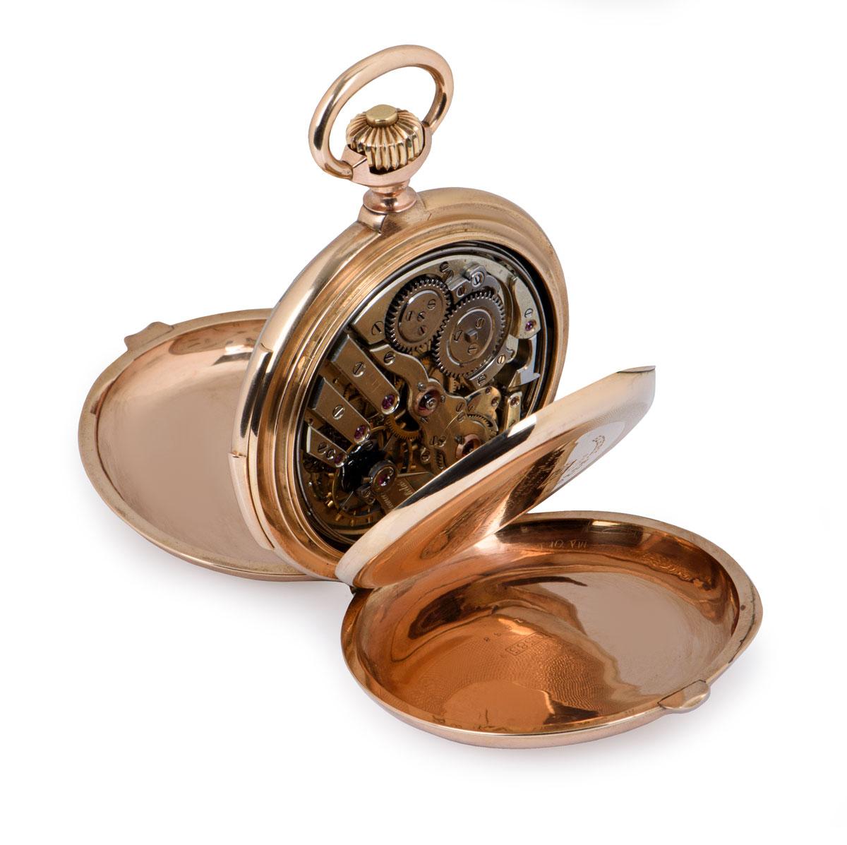 Antique Montandon Full Hunter Minute Repeater Pocket Watch Rose Gold In Excellent Condition In London, GB