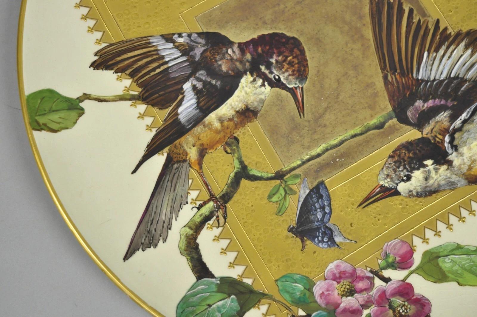 Antique Montereau B&Cie Faience French Porcelain Hand Painted Bird Charger Plate (Porzellan) im Angebot