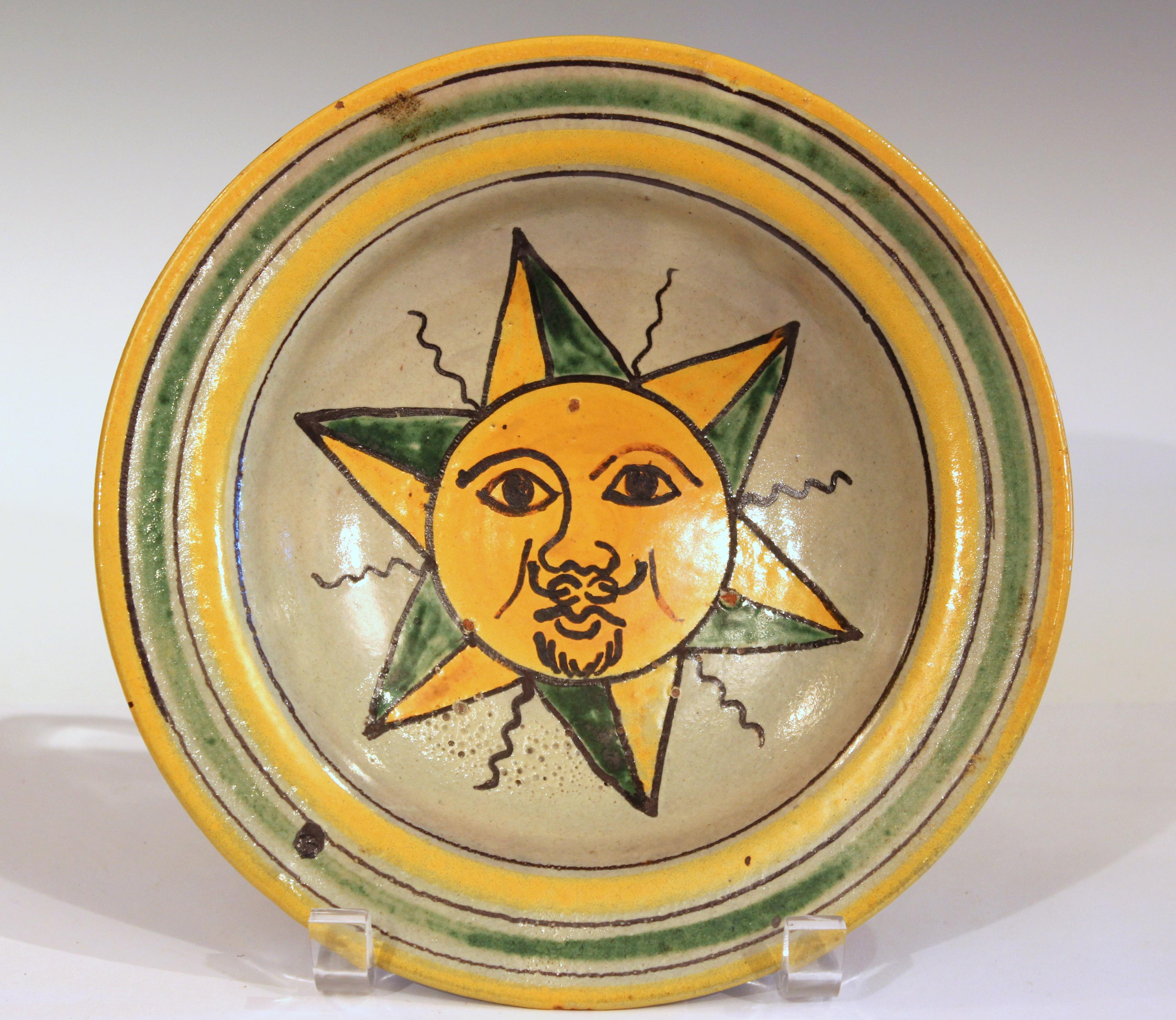 20th Century Antique Montiel Guatemalan Pottery Majolica Sun Face Plate Charger Bowl