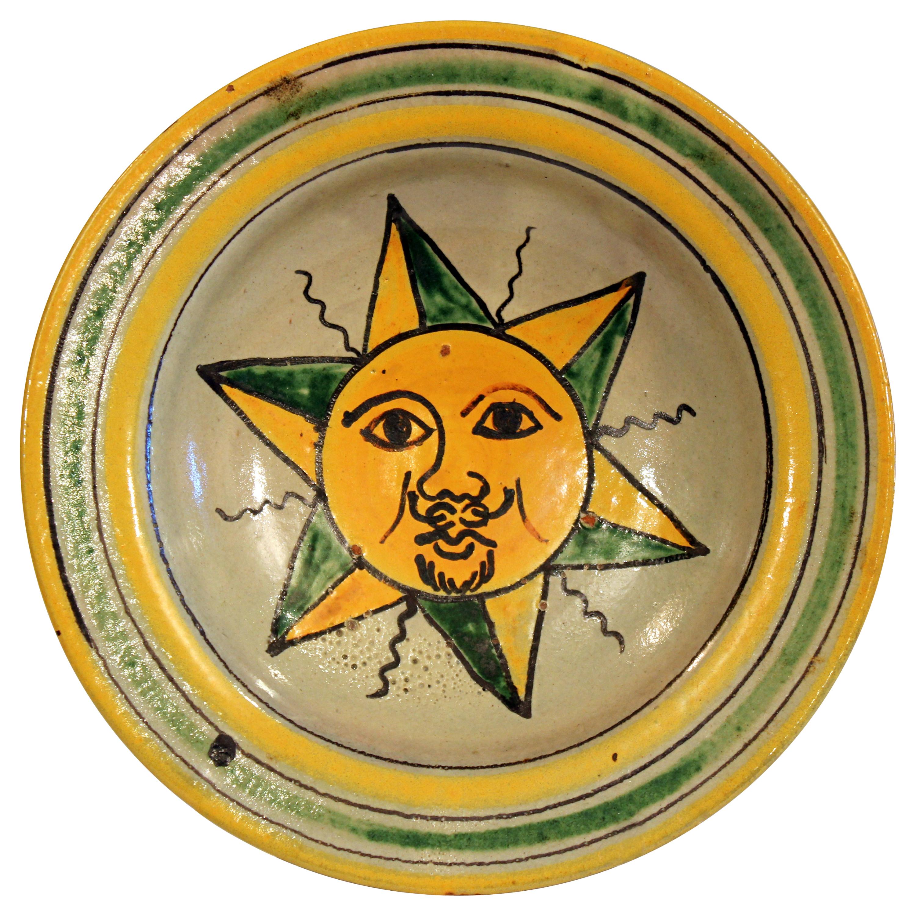 Antique Montiel Guatemalan Pottery Majolica Sun Face Plate Charger Bowl