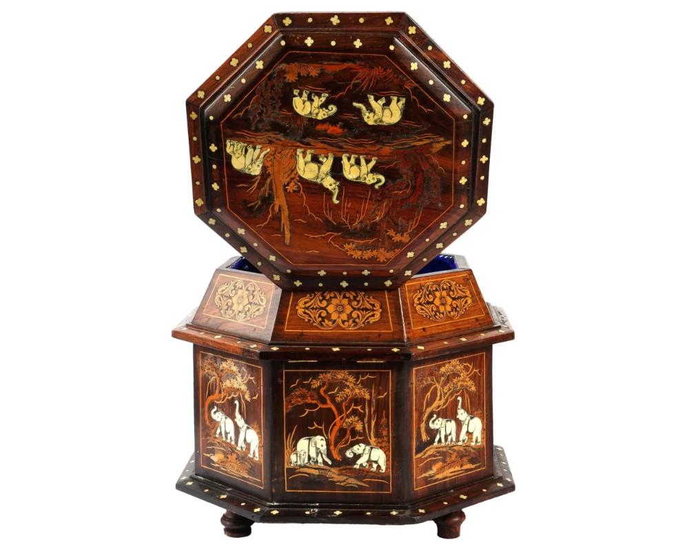 Ancienne boîte à bijoux anglo-indienne monumentale en bois avec marqueterie représentant des moutons Bon état - En vente à Queens, NY