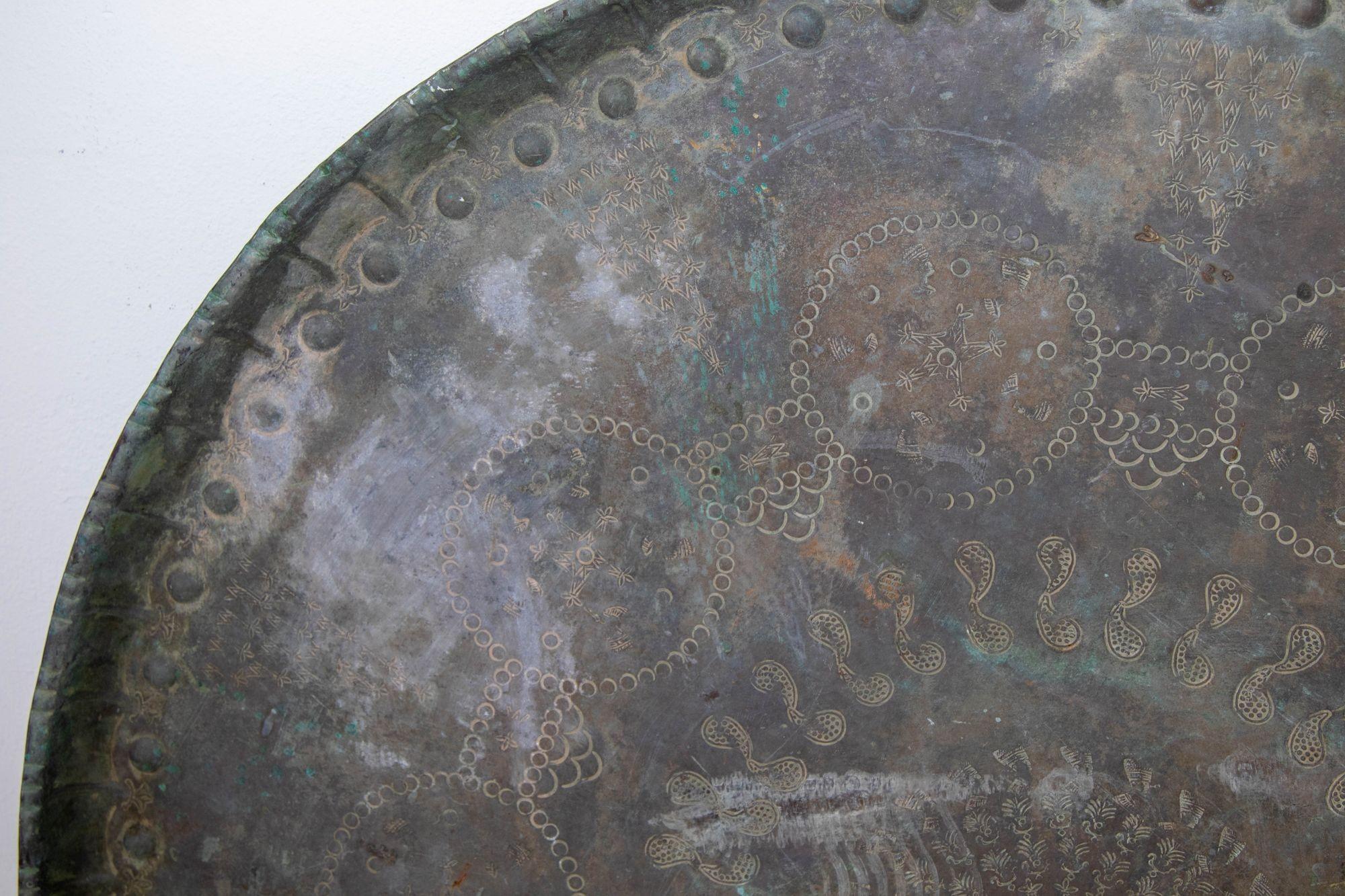 Antique Monumental Asian Turkish Moorish Tinned Copper Round Islamic Tray 19th C For Sale 4