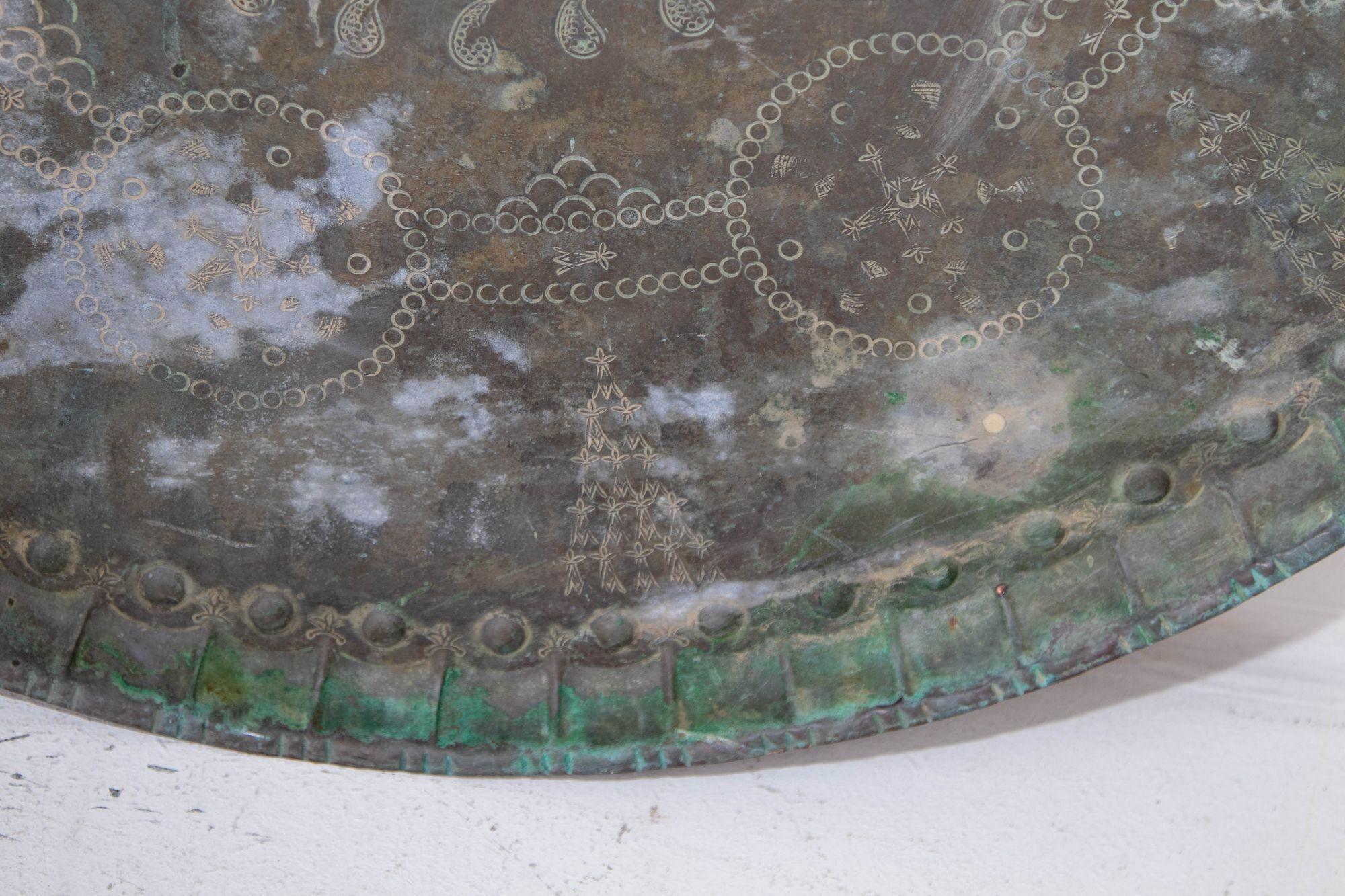 Antique Monumental Asian Turkish Moorish Tinned Copper Round Islamic Tray 19th C For Sale 6