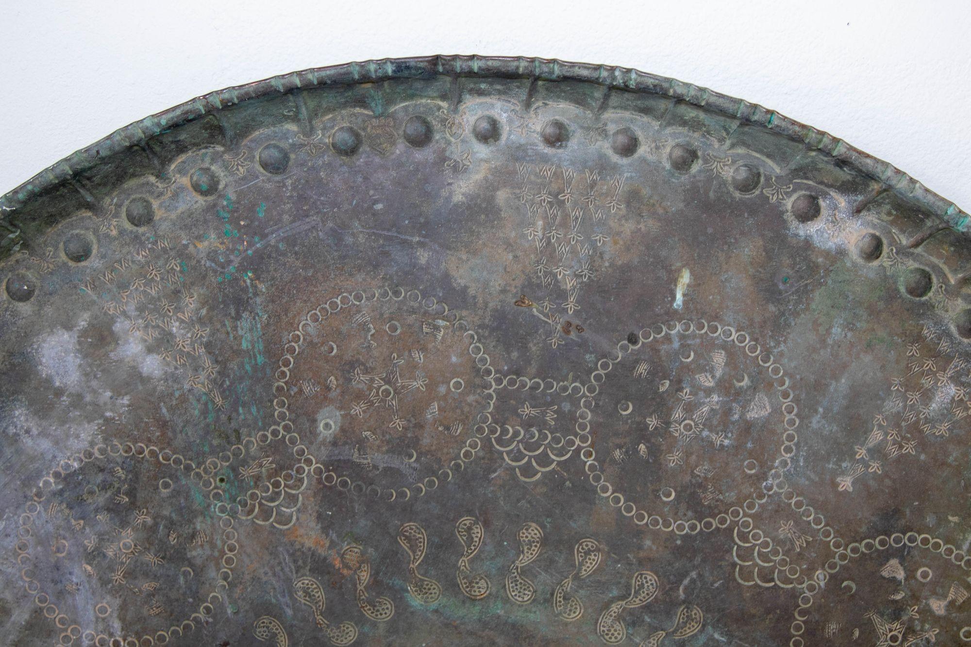 Etched Antique Monumental Asian Turkish Moorish Tinned Copper Round Islamic Tray 19th C For Sale