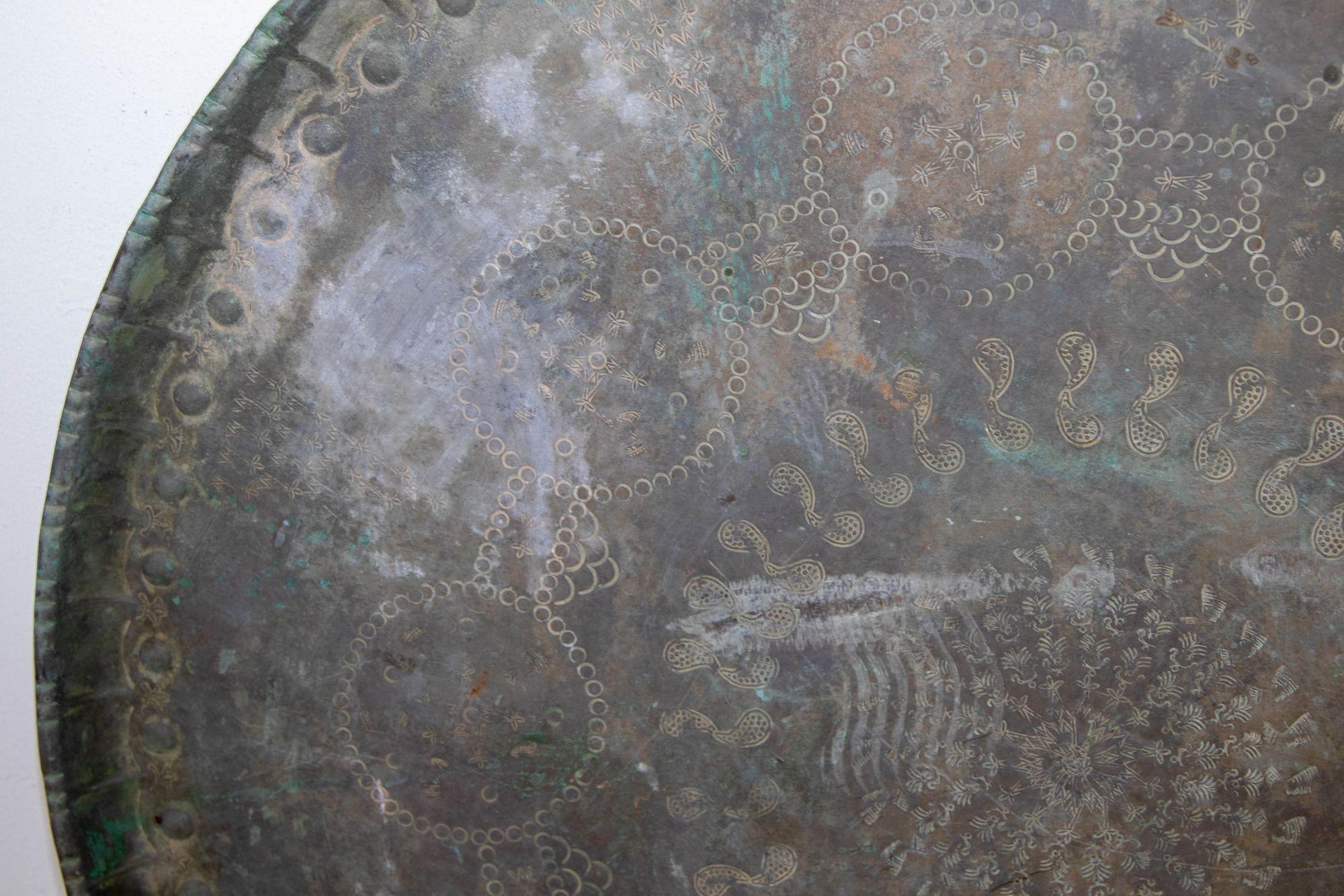 Antique Monumental Asian Turkish Moorish Tinned Copper Round Islamic Tray 19th C In Distressed Condition For Sale In North Hollywood, CA