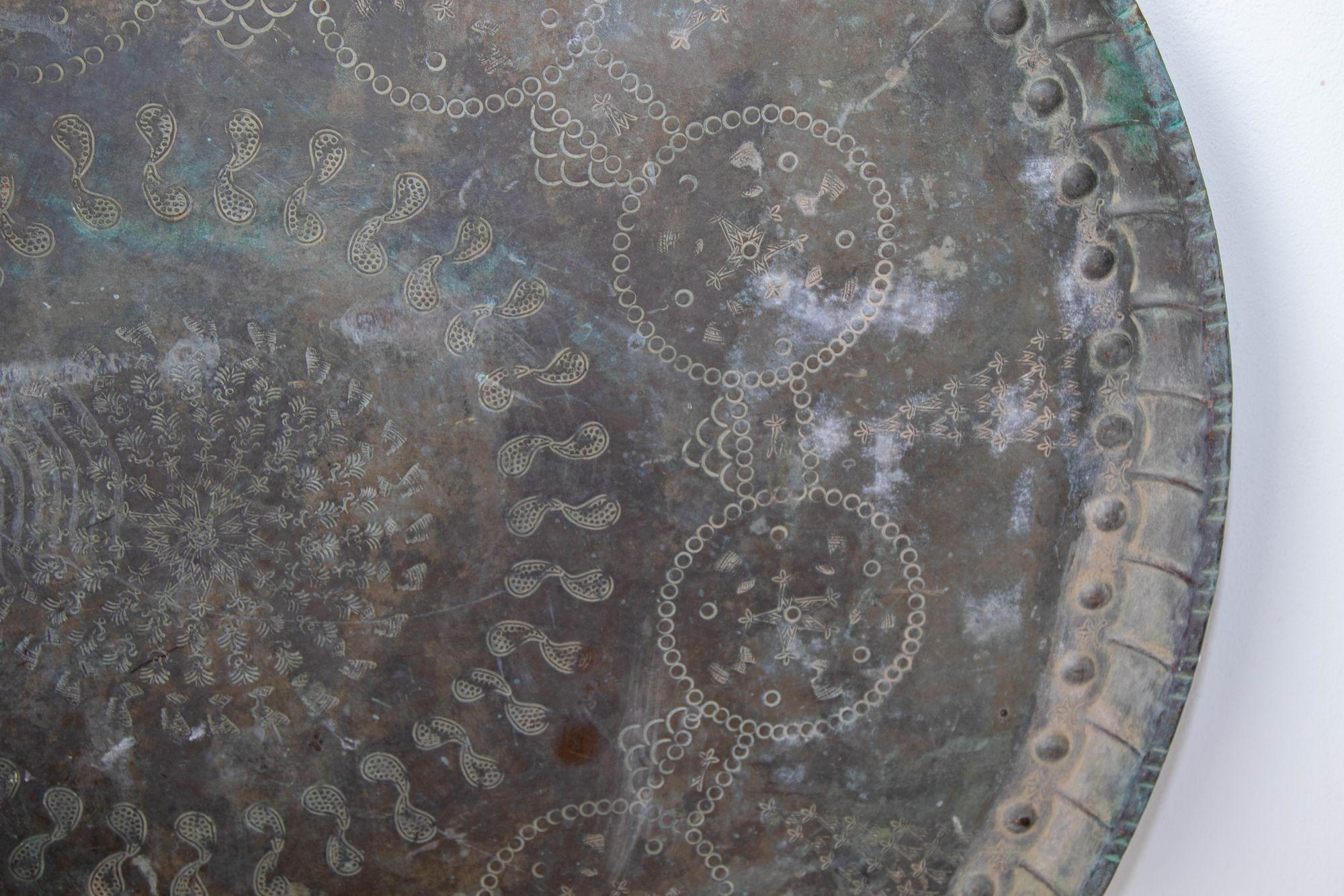 Antique Monumental Asian Turkish Moorish Tinned Copper Round Islamic Tray 19th C For Sale 3