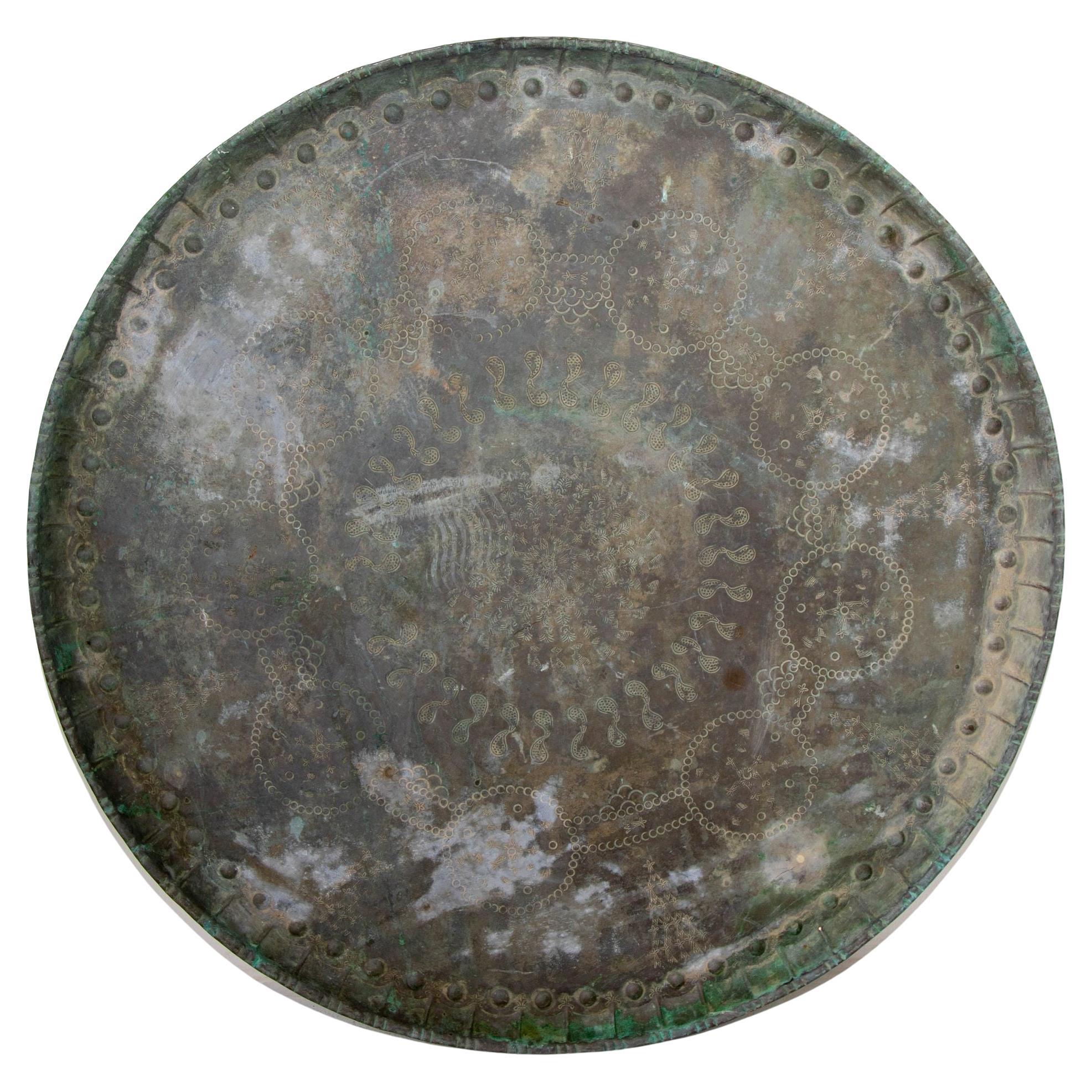 Antique Monumental Asian Turkish Moorish Tinned Copper Round Islamic Tray 19th C For Sale