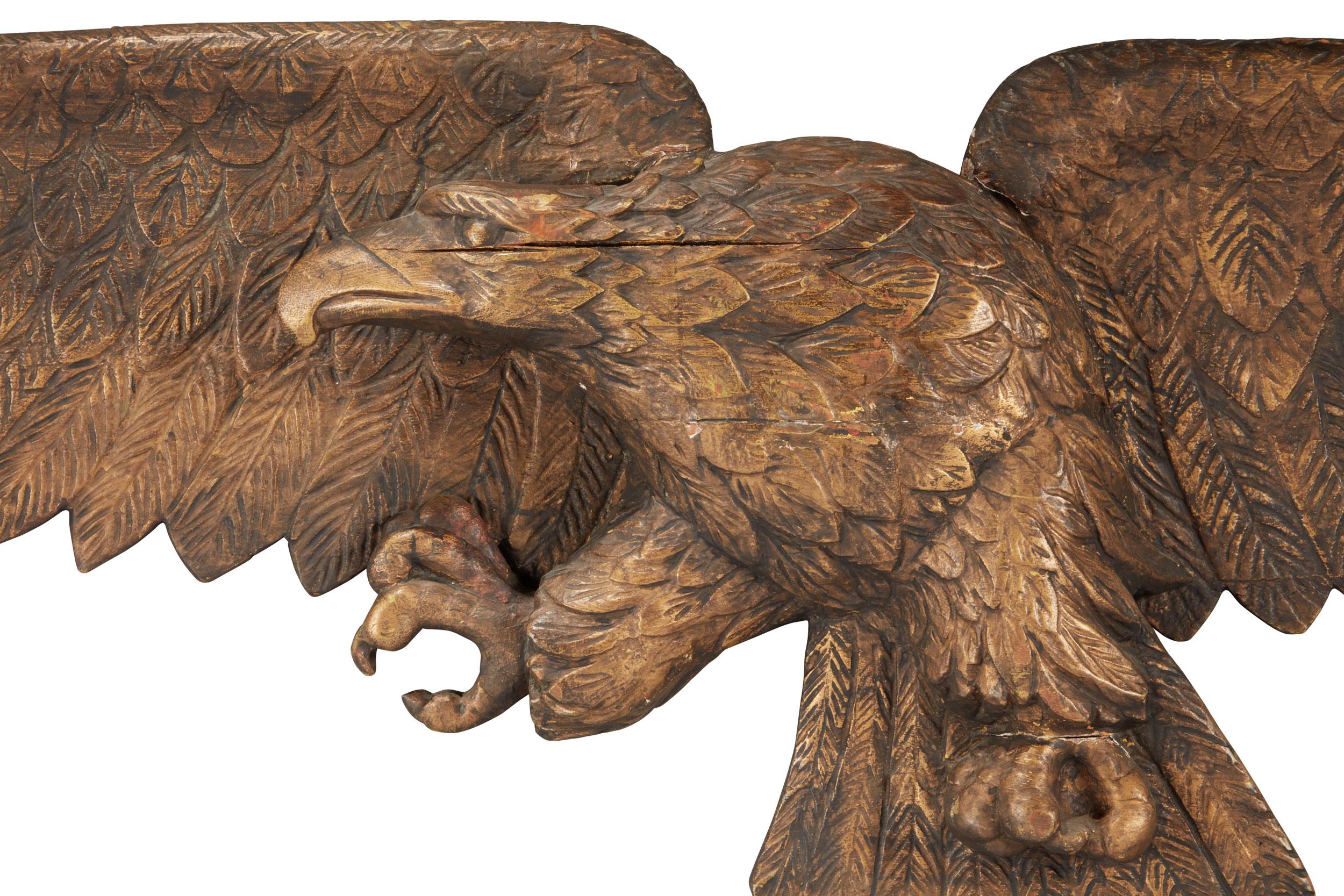 Very fine carved, gilded and painted Pine American eagle, 
Masterfully carved, most likey carved as an architectural carving for 
An interior.

