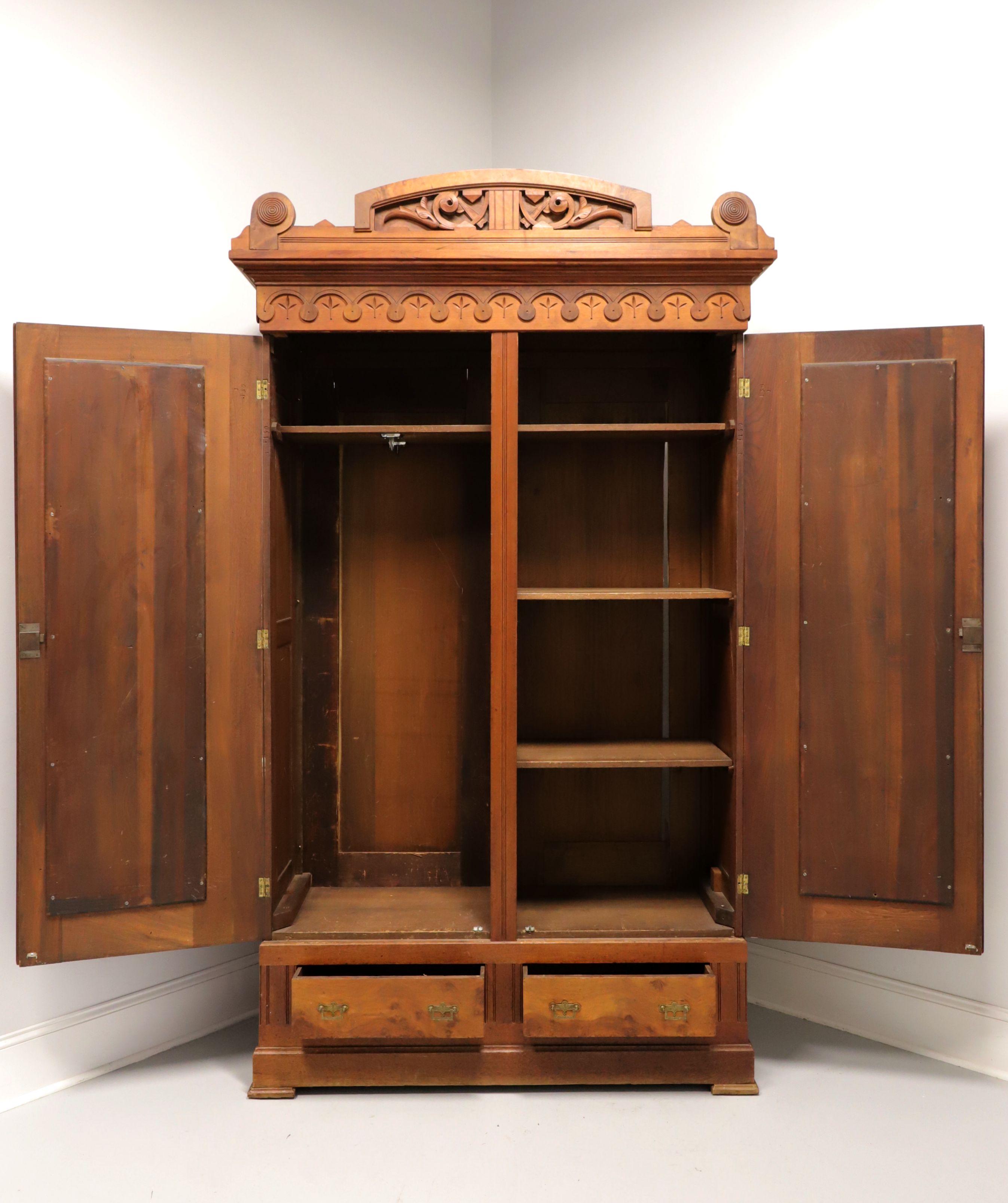 Antique Monumental Carved Burl Walnut Victorian Eastlake Armoire In Good Condition In Charlotte, NC