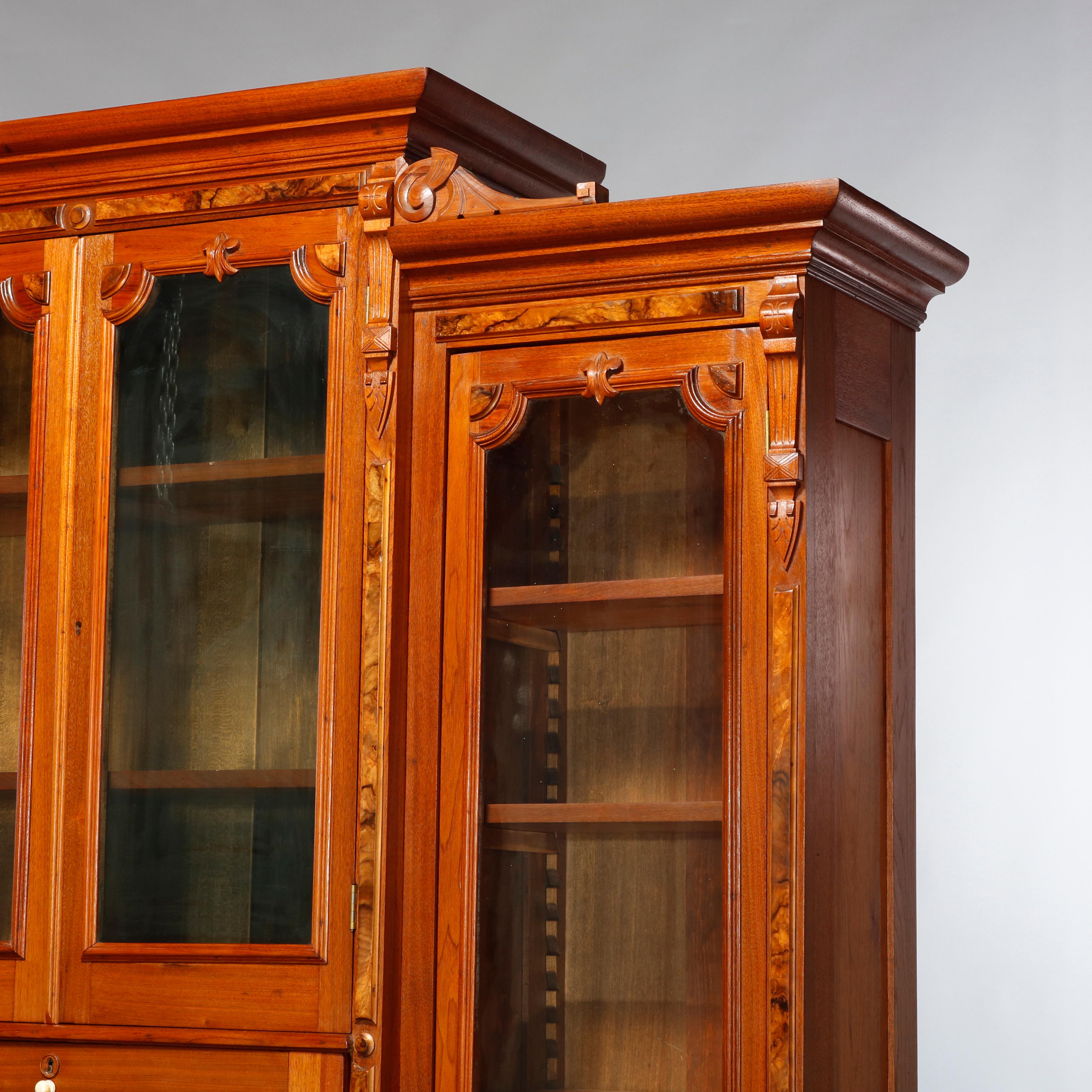 American Antique Monumental Eastlake Stepback Walnut & Burl Secretary Bookcase, C1890