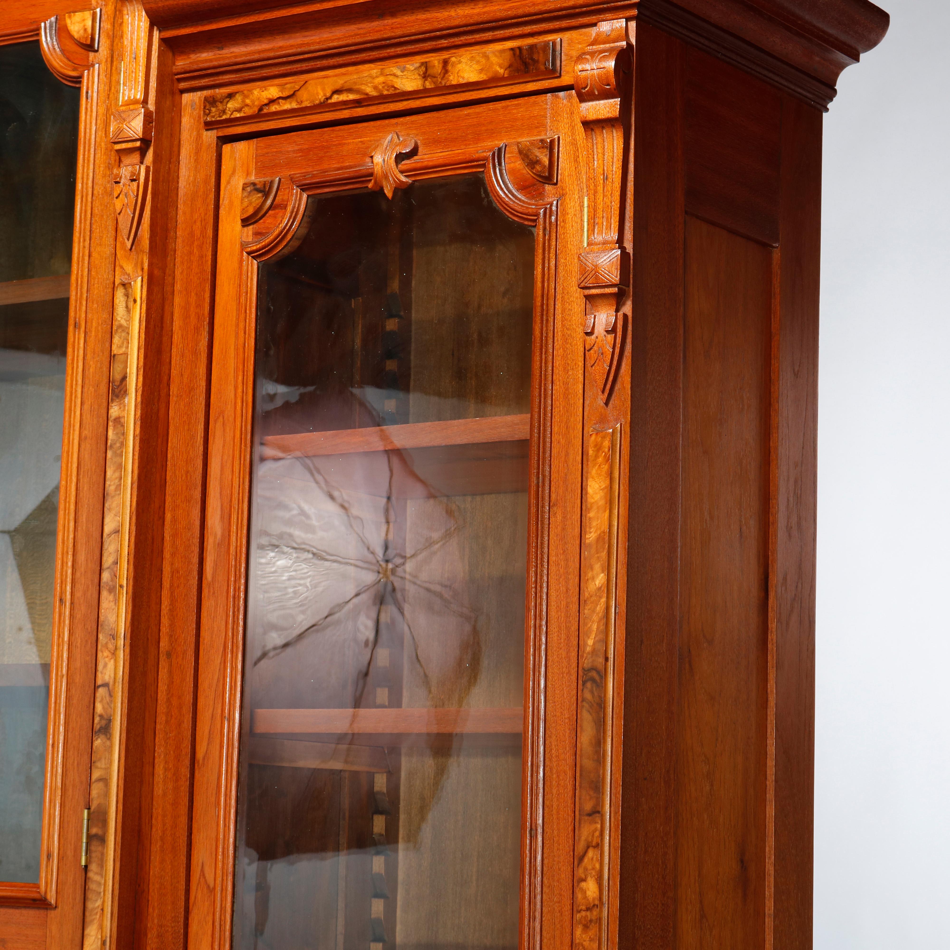 Carved Antique Monumental Eastlake Stepback Walnut & Burl Secretary Bookcase, C1890