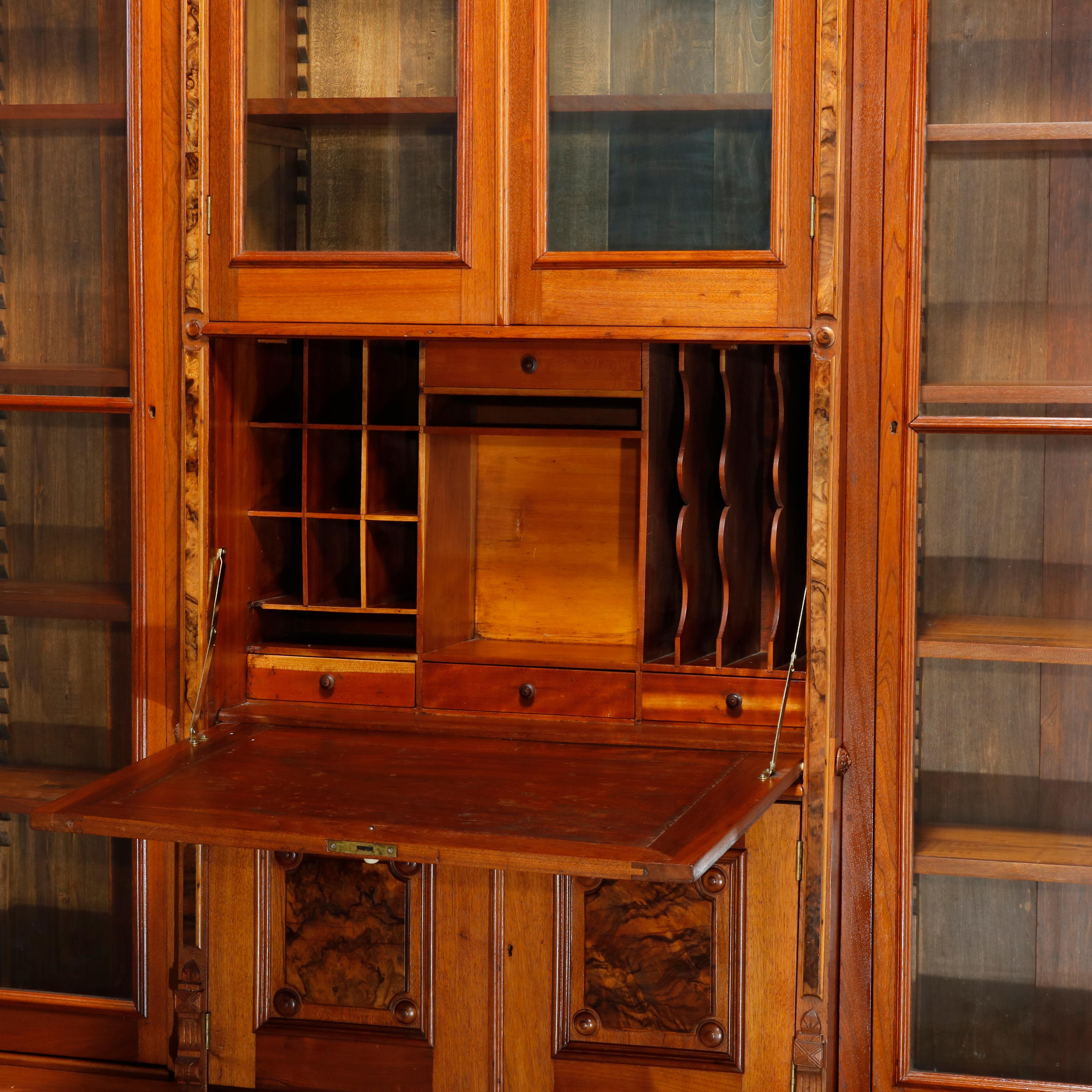 Antique Monumental Eastlake Stepback Walnut & Burl Secretary Bookcase, C1890 In Good Condition In Big Flats, NY