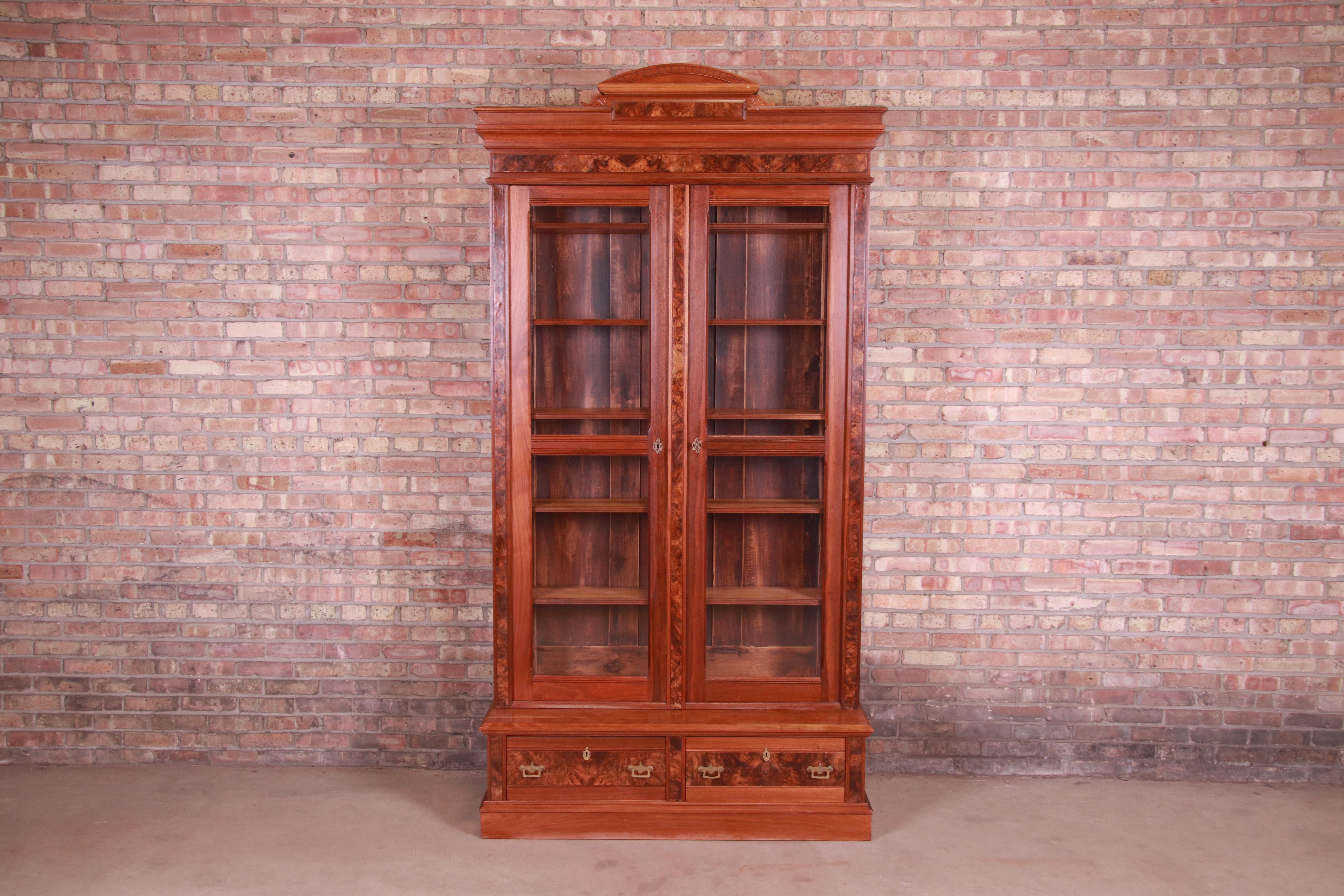 American Antique Monumental Eastlake Victorian Burled Walnut Bookcase, circa 1860s