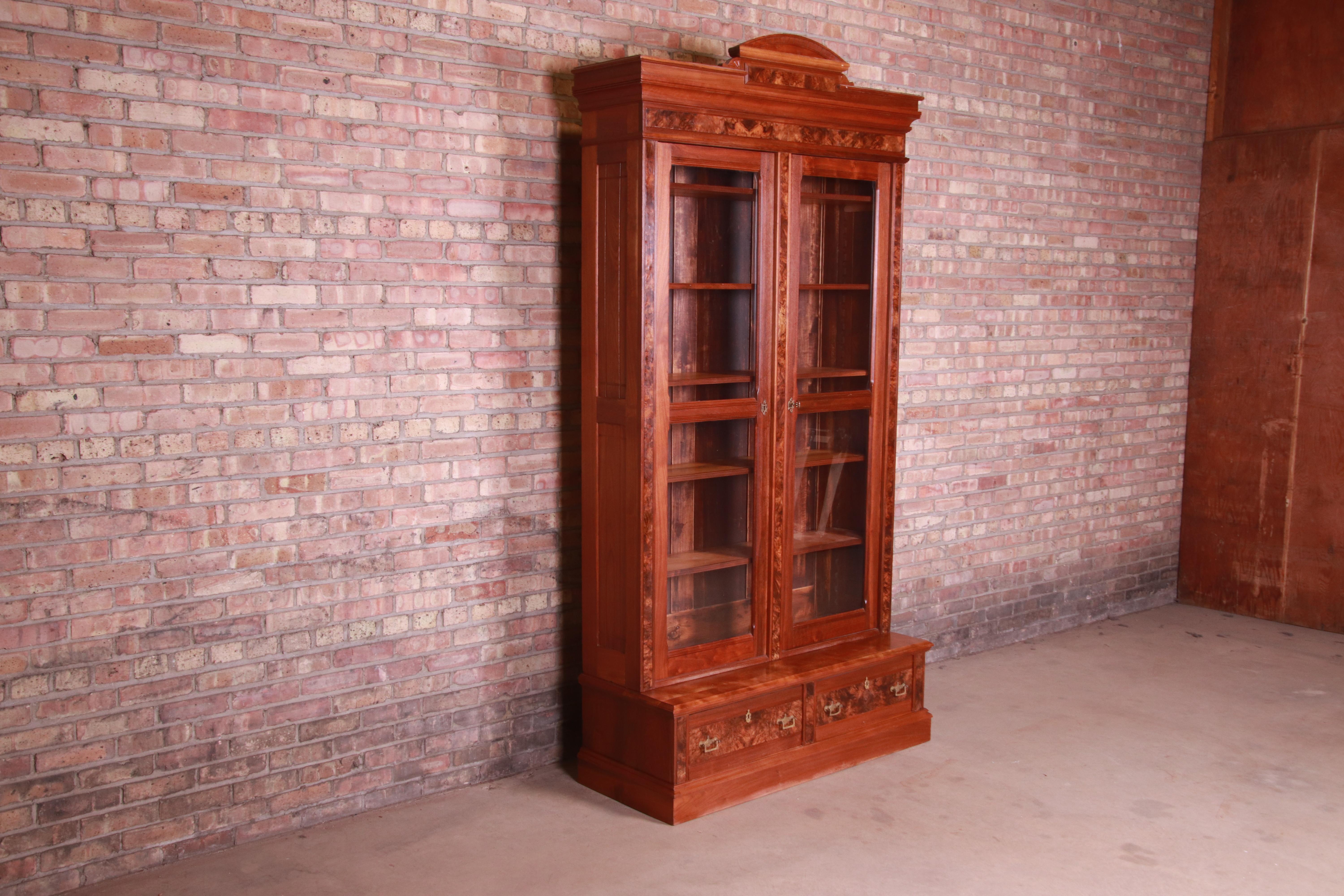 Antique Monumental Eastlake Victorian Burled Walnut Bookcase, circa 1860s In Good Condition In South Bend, IN