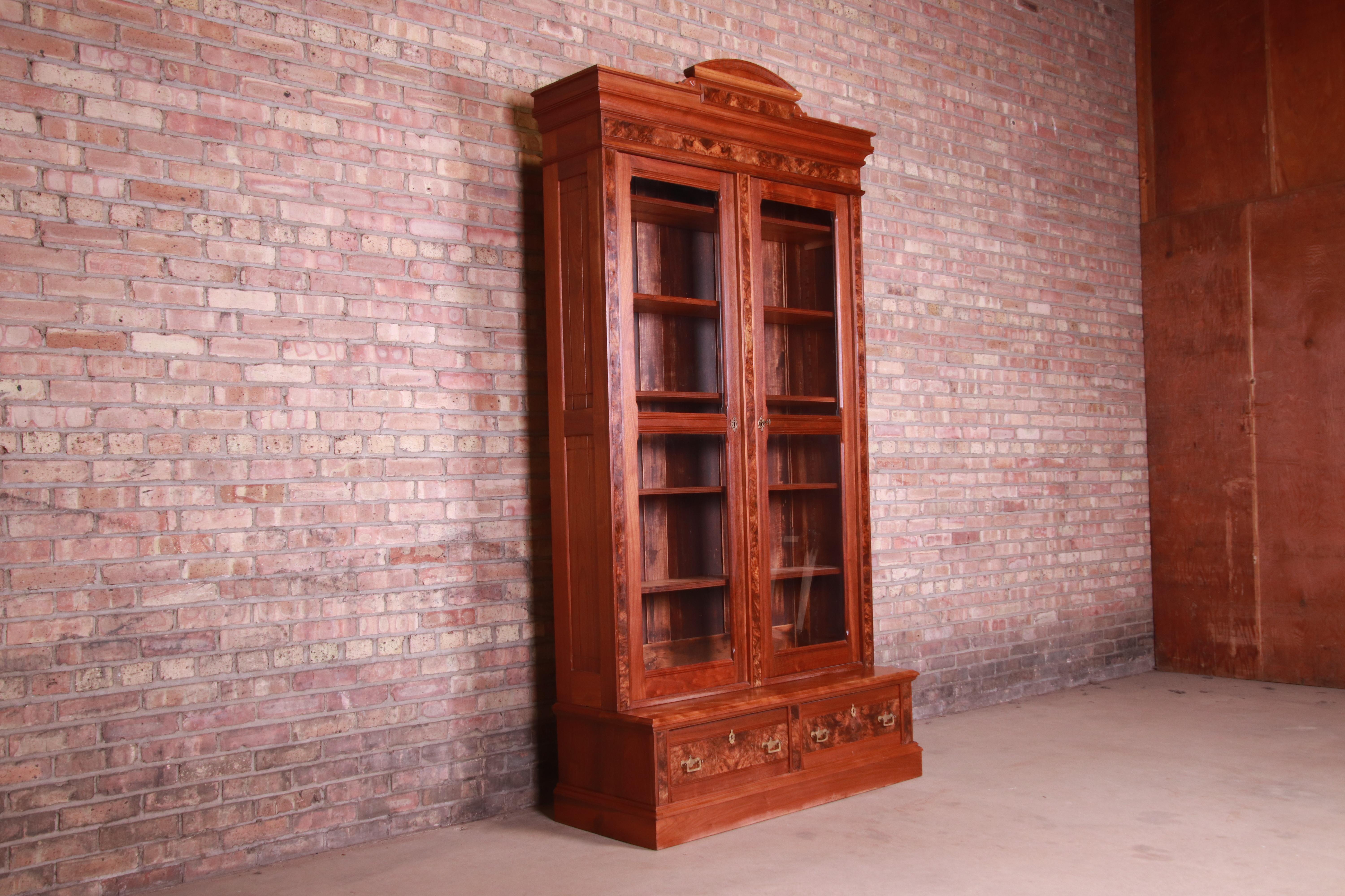 19th Century Antique Monumental Eastlake Victorian Burled Walnut Bookcase, circa 1860s
