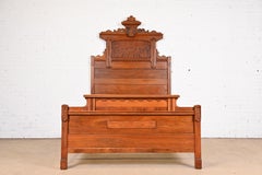 Antique Monumental Eastlake Victorian Carved Burled Walnut Full Size Bed, 1880s