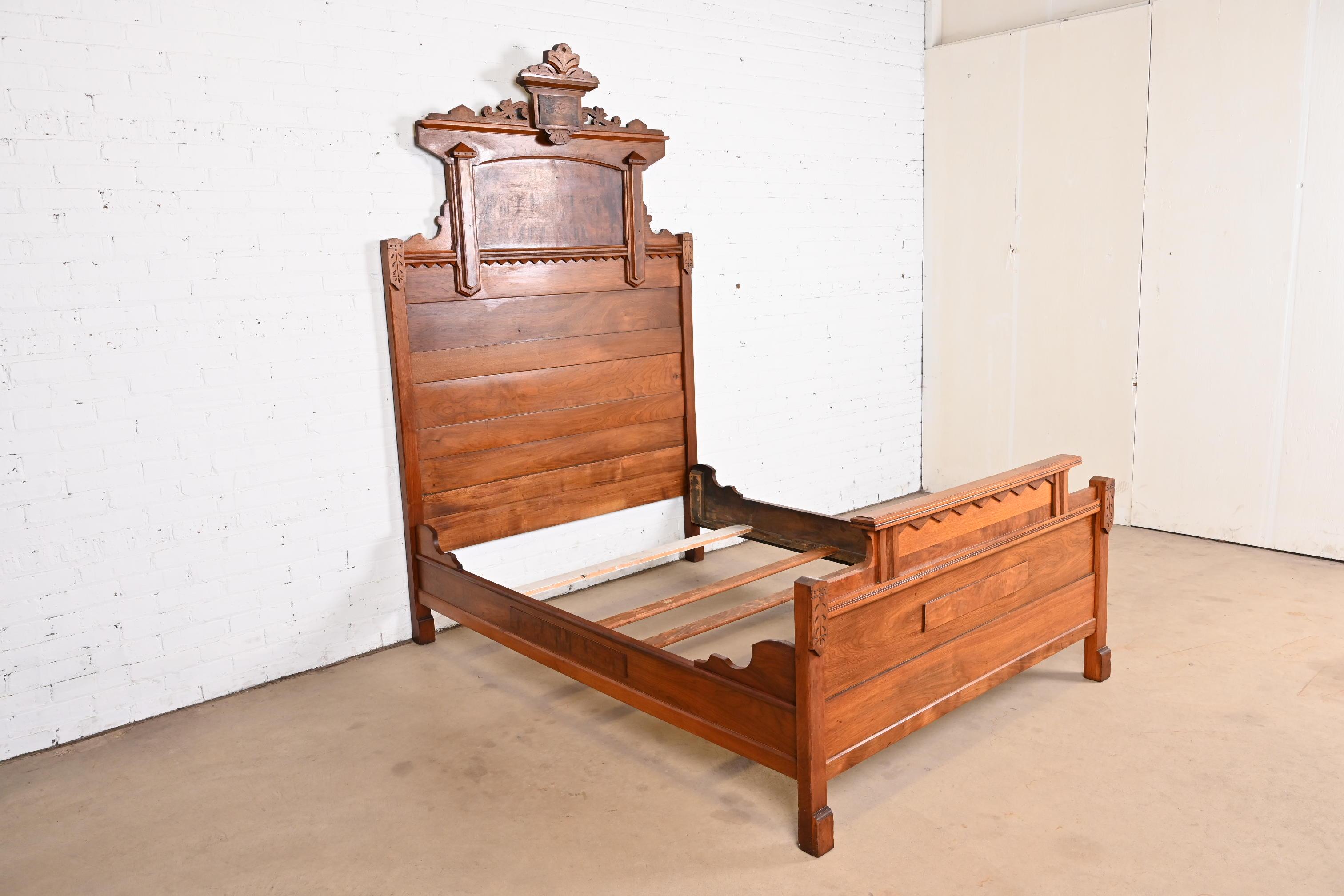 19th Century Antique Monumental Eastlake Victorian Carved Burled Walnut Full Size Bed, 1880s For Sale