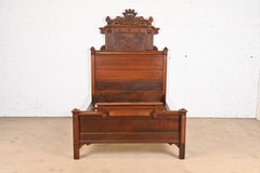 Antique Monumental Eastlake Victorian Carved Burled Walnut Full Size Bed