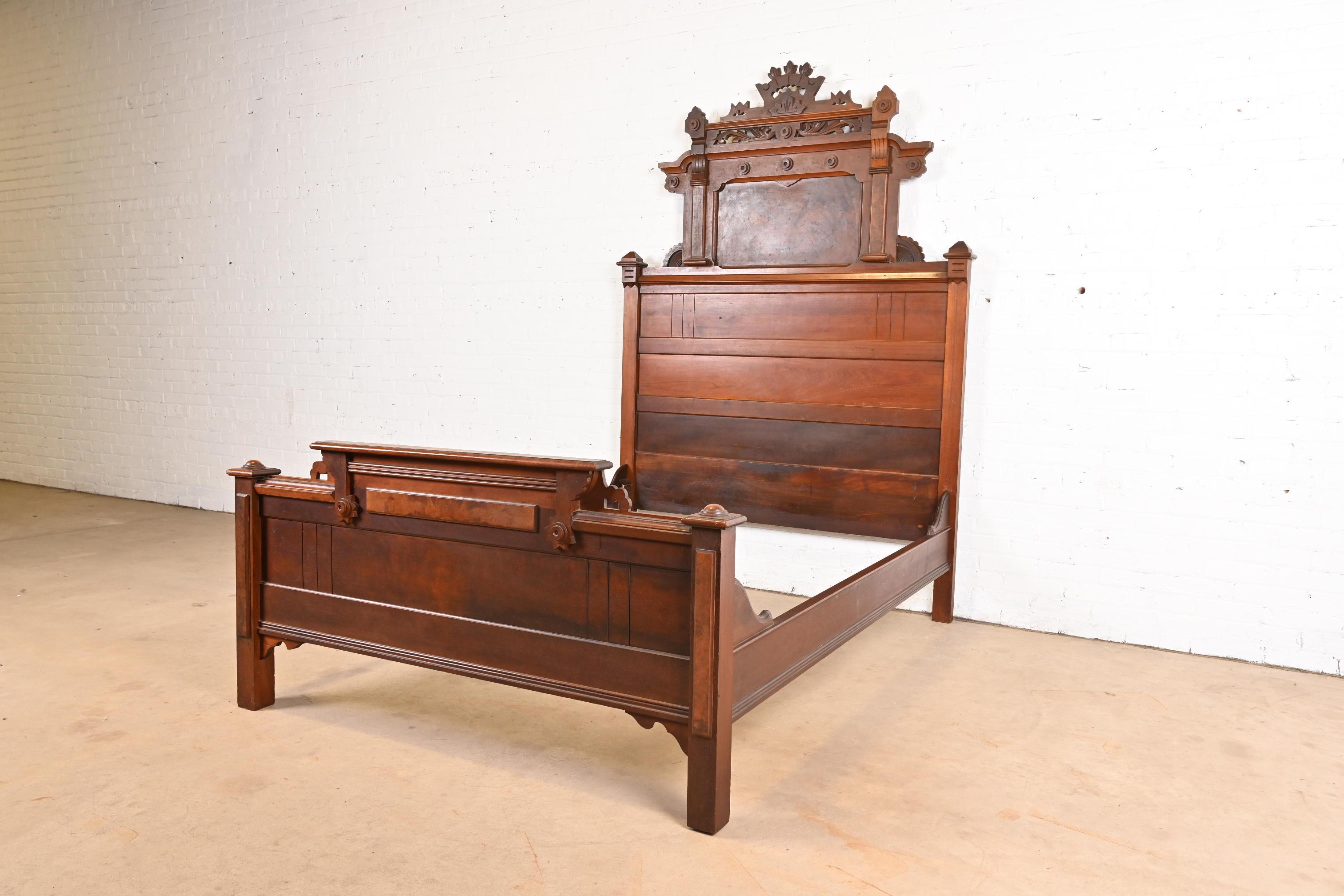 American Antique Monumental Eastlake Victorian Carved Burled Walnut Full Size Bed For Sale
