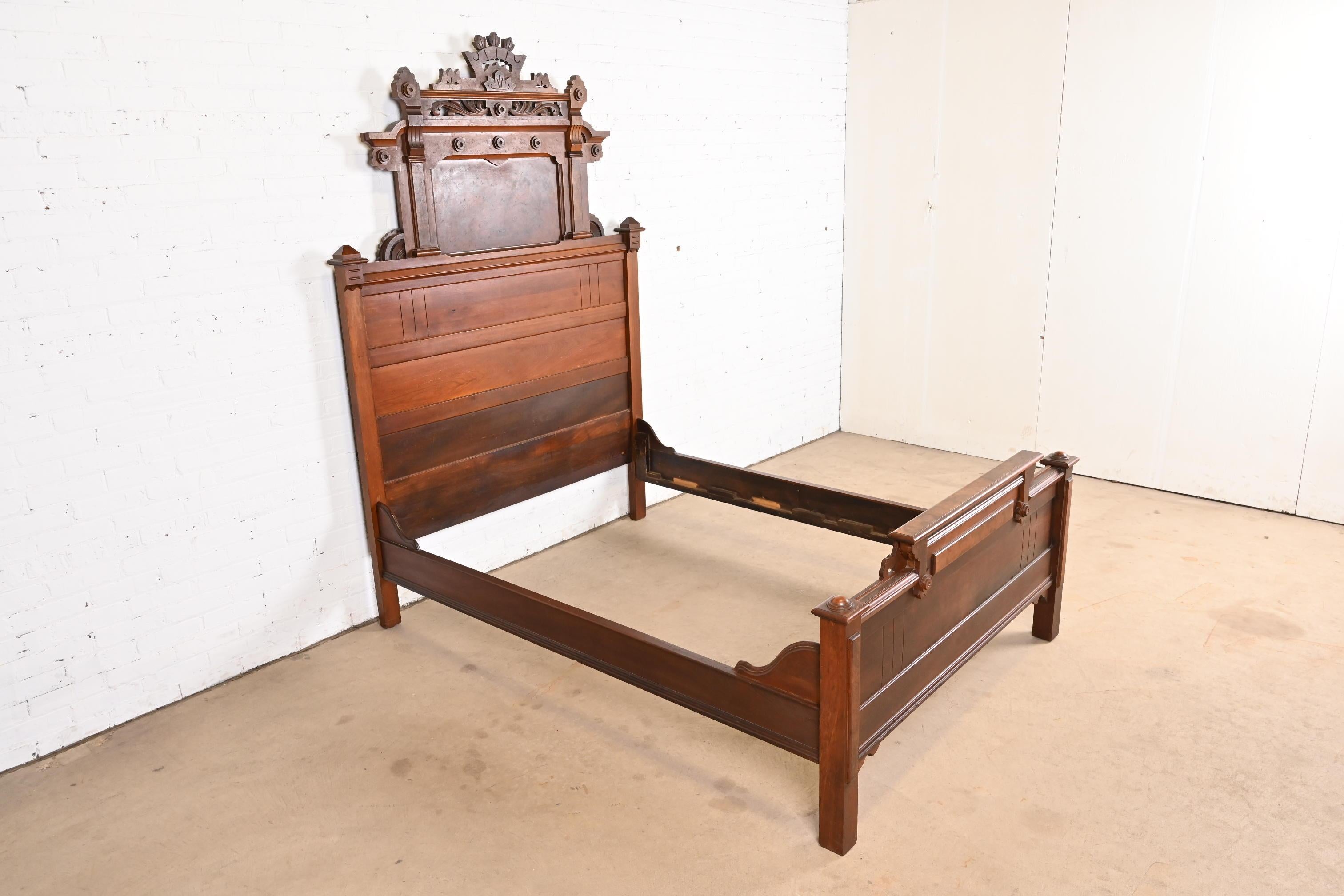 Antique Monumental Eastlake Victorian Carved Burled Walnut Full Size Bed In Good Condition For Sale In South Bend, IN