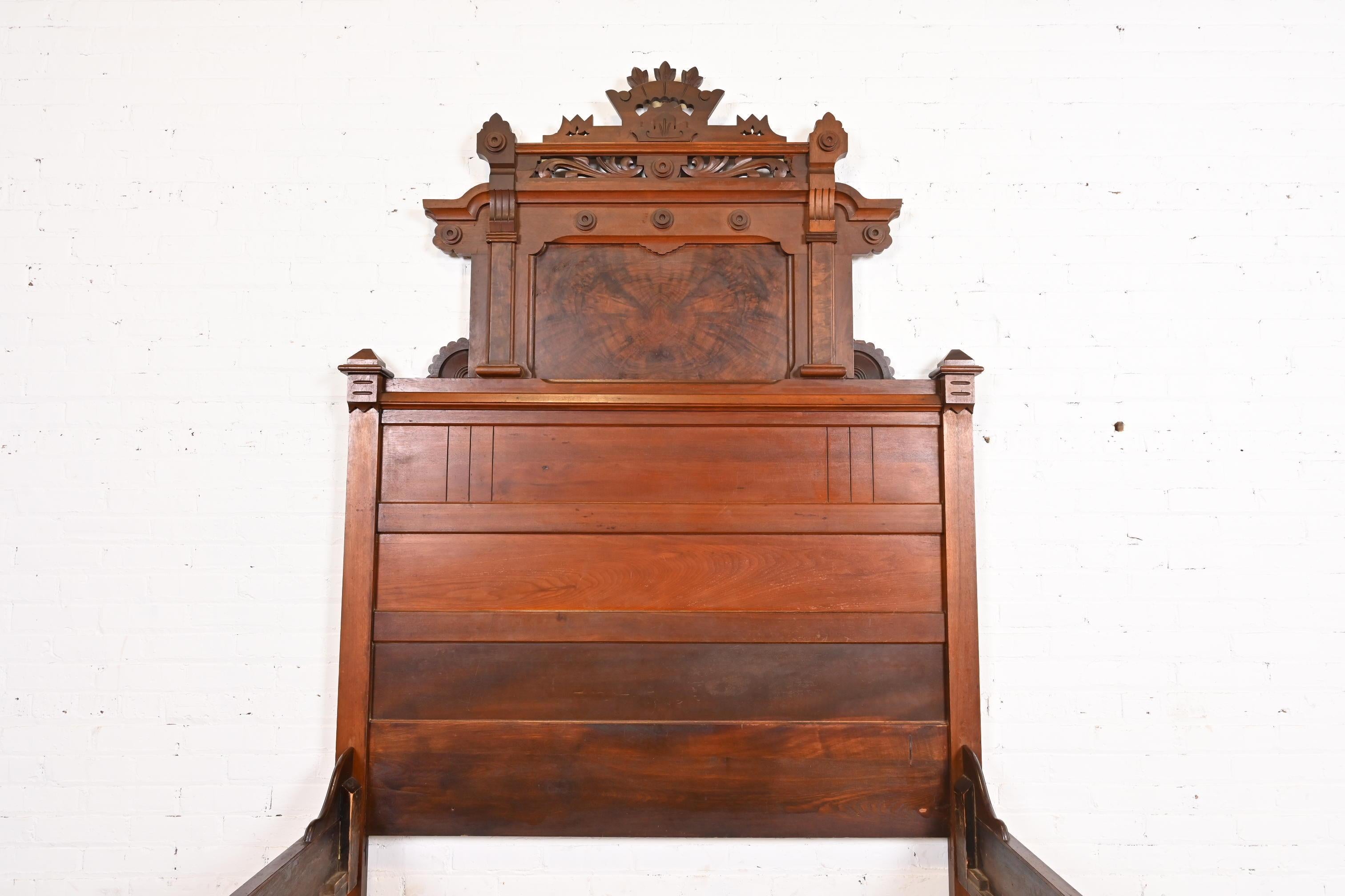 Antique Monumental Eastlake Victorian Carved Burled Walnut Full Size Bed For Sale 1