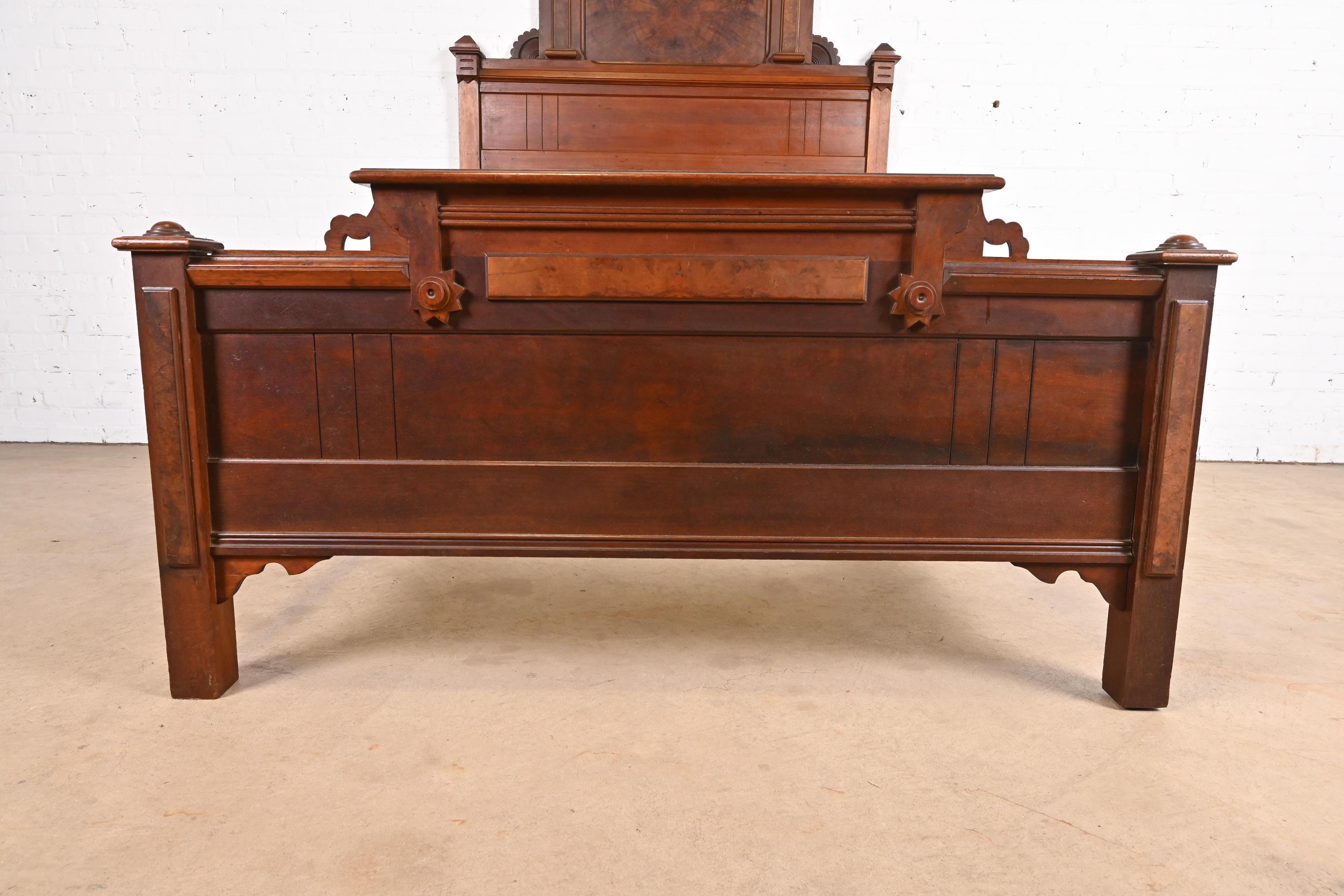 Antique Monumental Eastlake Victorian Carved Burled Walnut Full Size Bed For Sale 2