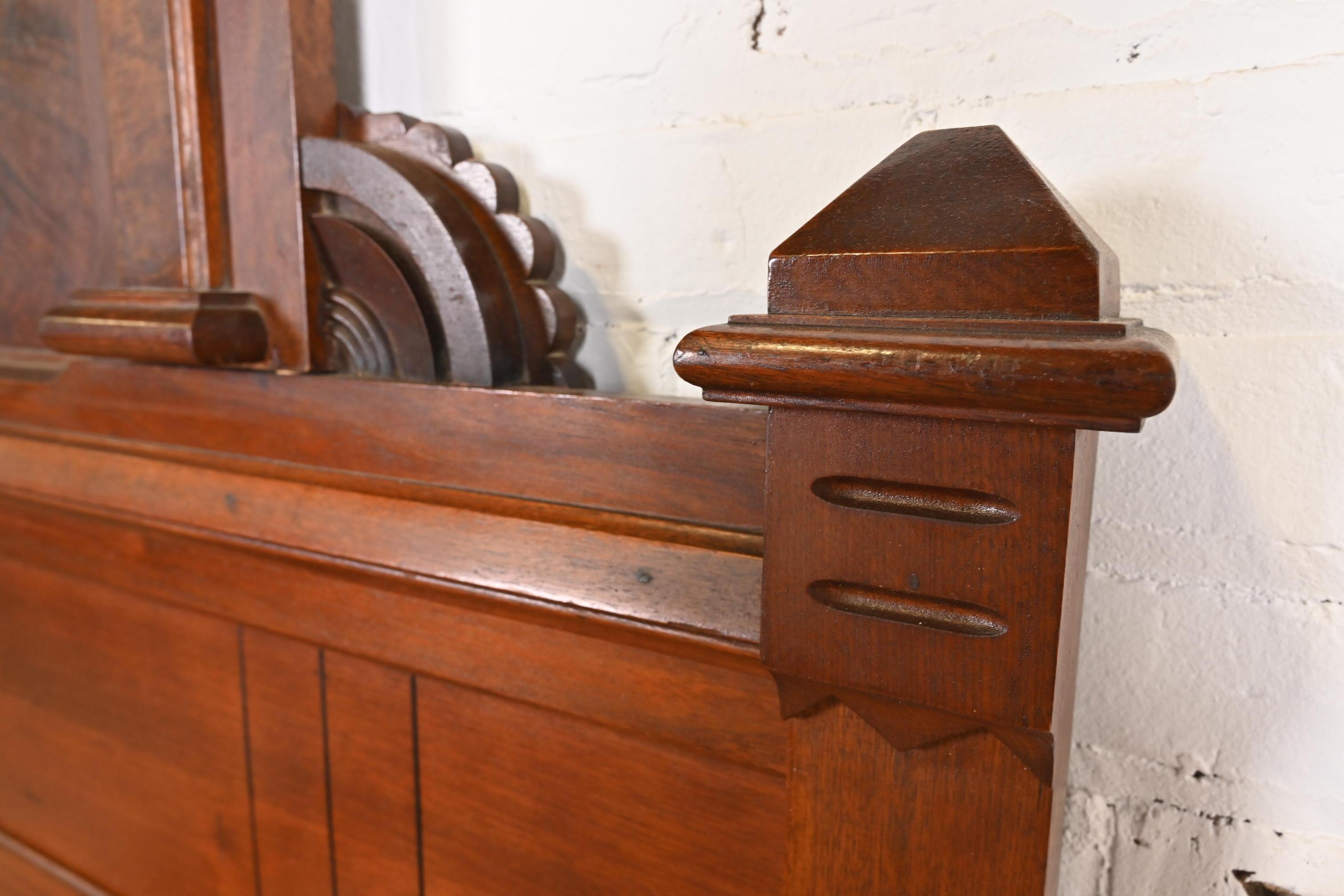 Antique Monumental Eastlake Victorian Carved Burled Walnut Full Size Bed For Sale 4