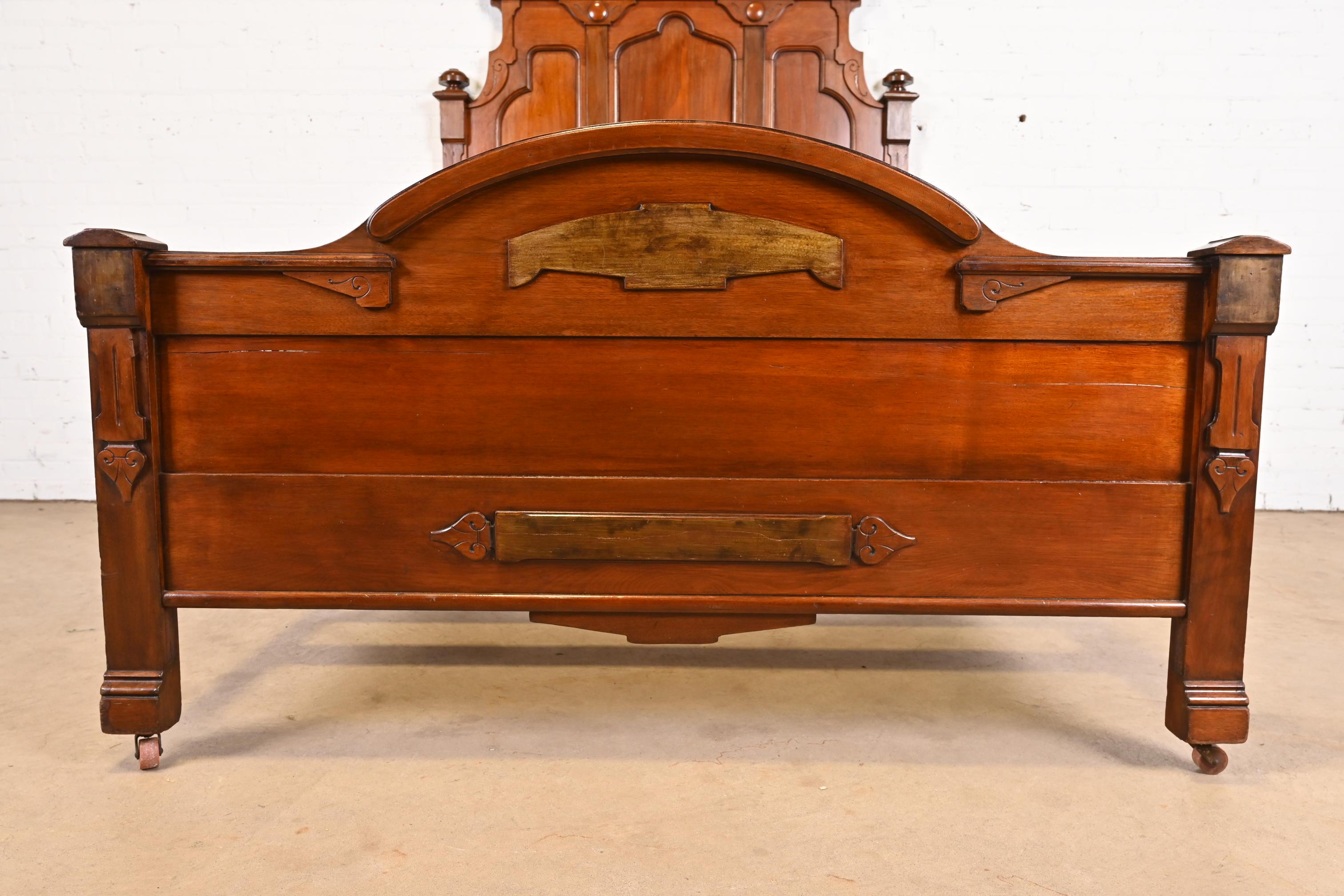 Antique Monumental Eastlake Victorian Carved Walnut Full Size Bed, Circa 1880s 6