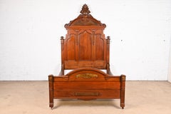 Antique Monumental Eastlake Victorian Carved Walnut Full Size Bed, Circa 1880s