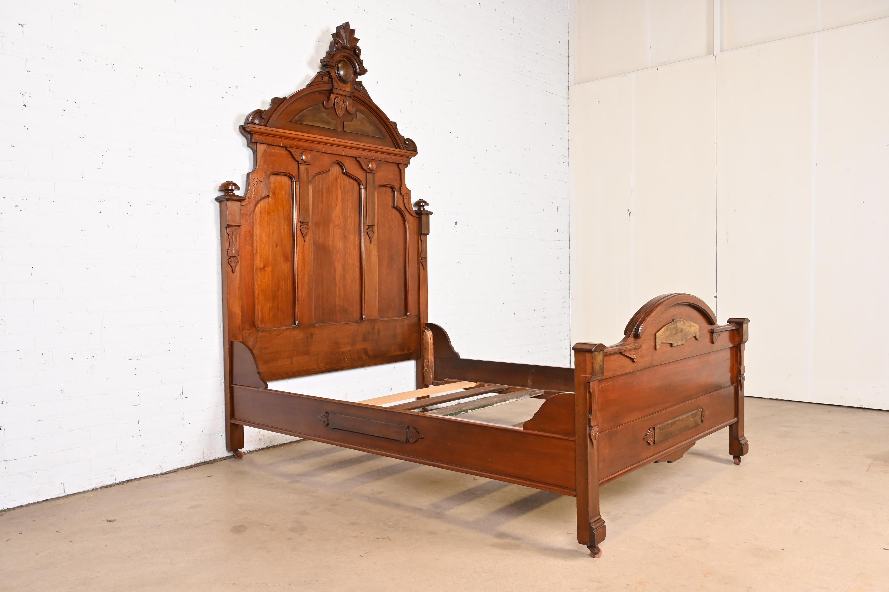 19th Century Antique Monumental Eastlake Victorian Carved Walnut Full Size Bed, Circa 1880s