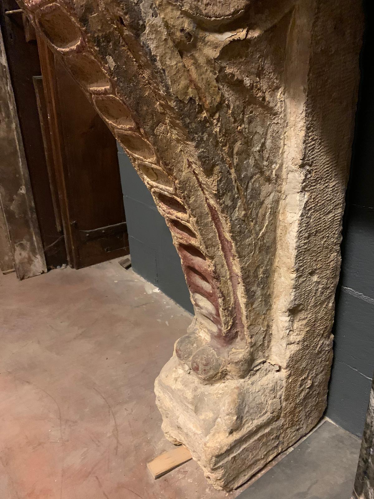 Hand-Carved Antique Monumental Fireplace in Carved Stone, 16th Century from Castle in Italy For Sale