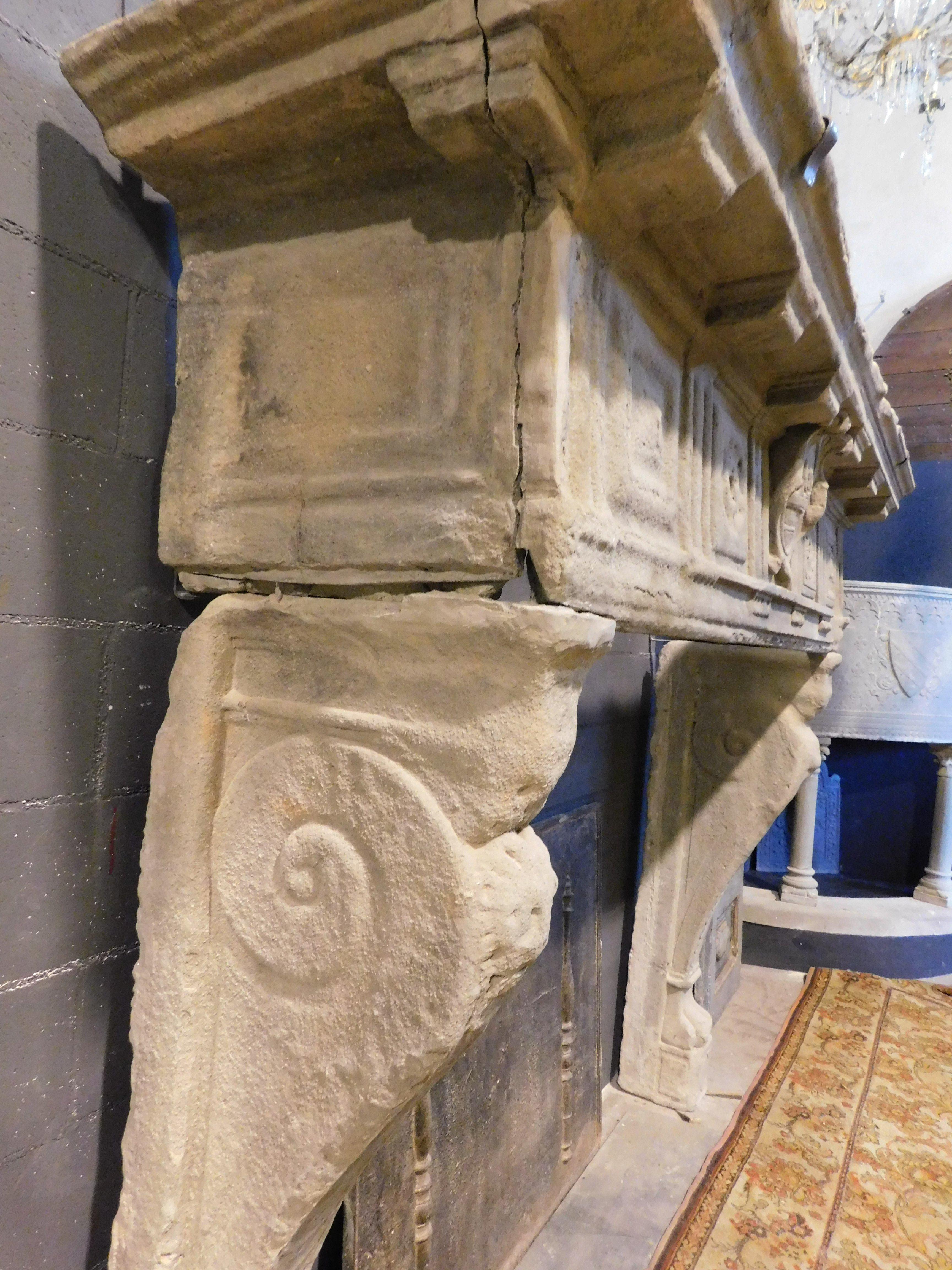 Antique monumental fireplace mantle carved in Serena stone, Tuscany (Italy) For Sale 3