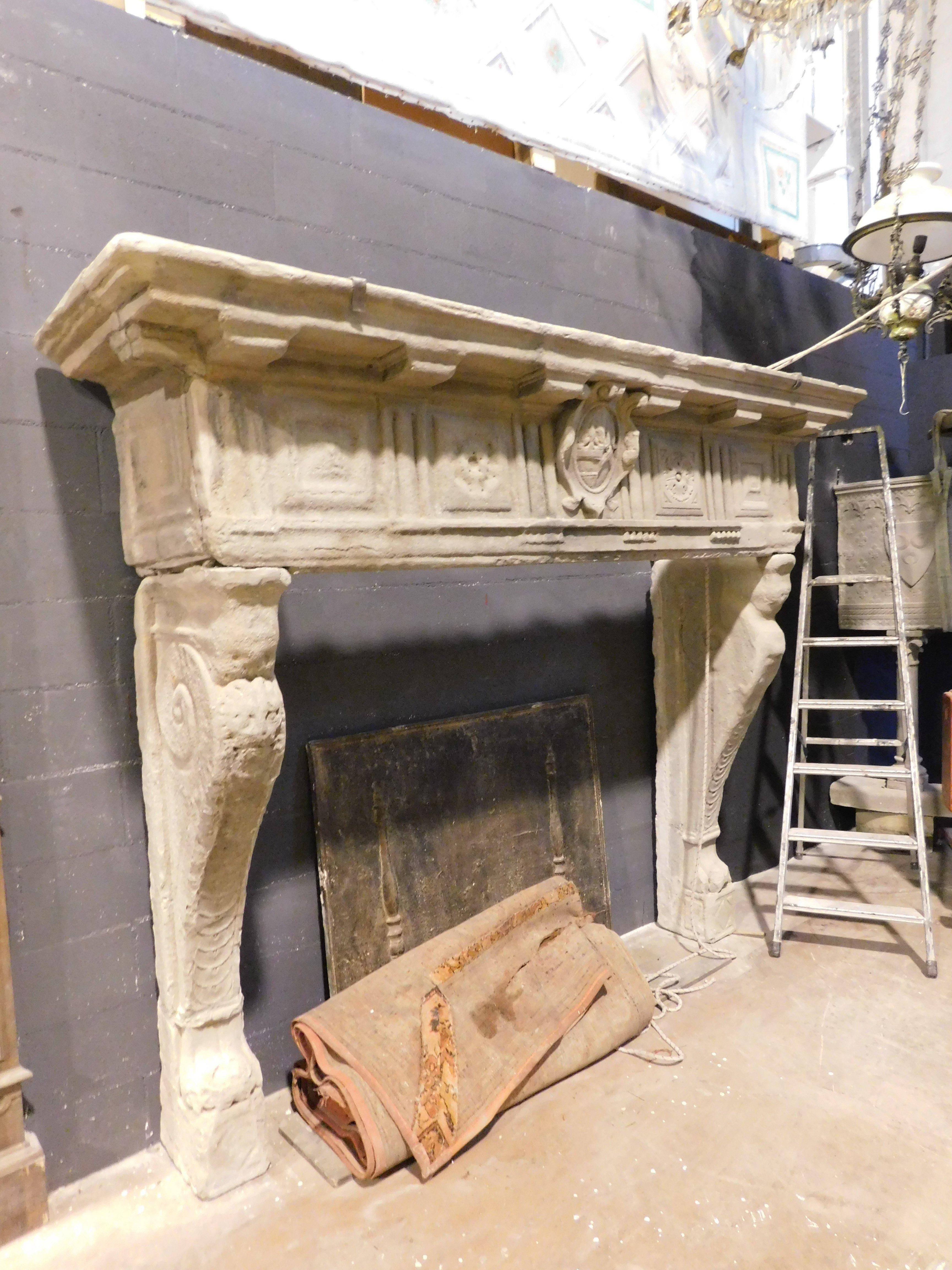 Italian Antique monumental fireplace mantle carved in Serena stone, Tuscany (Italy) For Sale