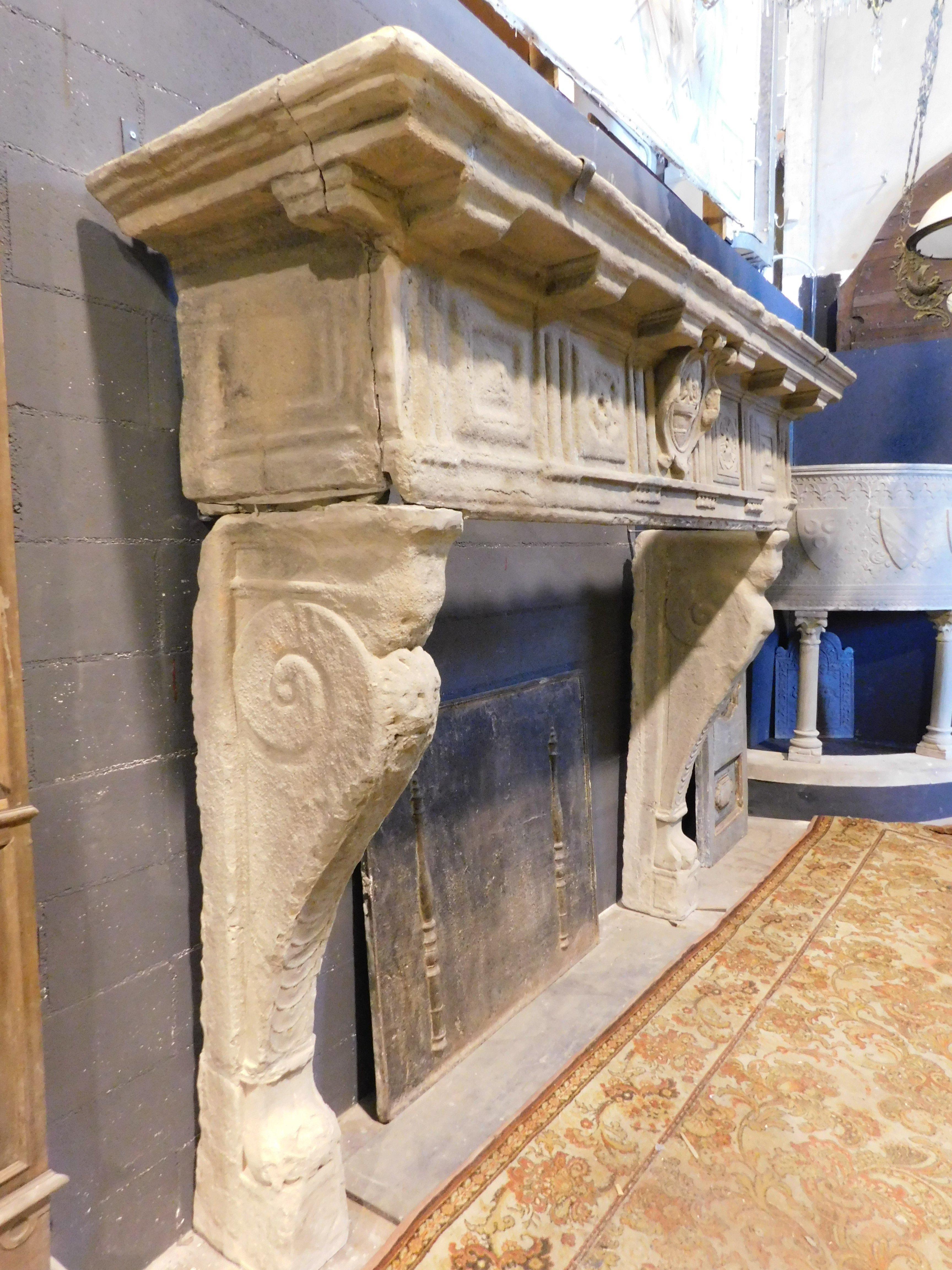 Antique monumental fireplace mantle carved in Serena stone, Tuscany (Italy) For Sale 2